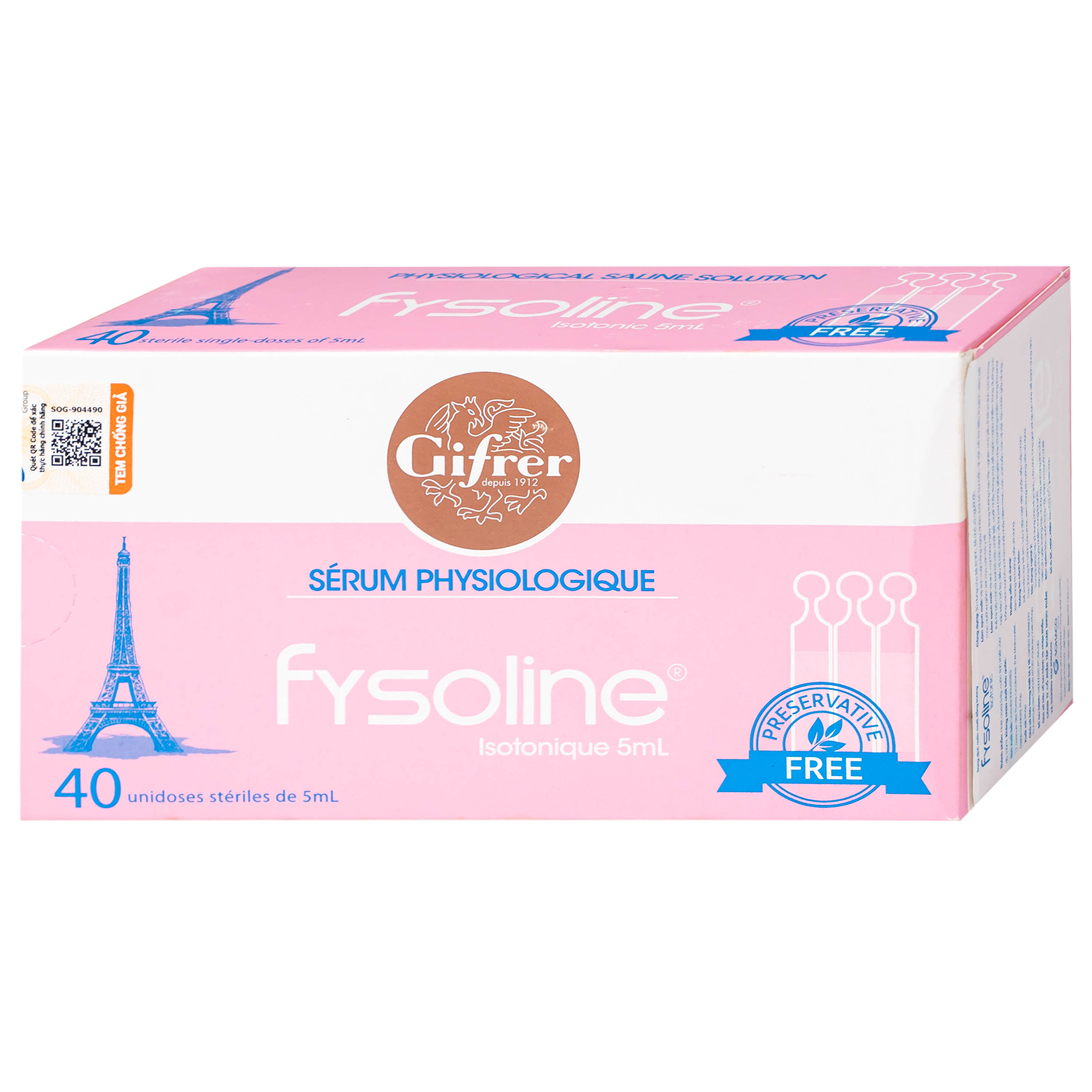 Nước muối sinh lý Fysoline Isotonique đẳng trương (40 ống x 5ml) giúp vệ sinh mắt mũi hàng ngày