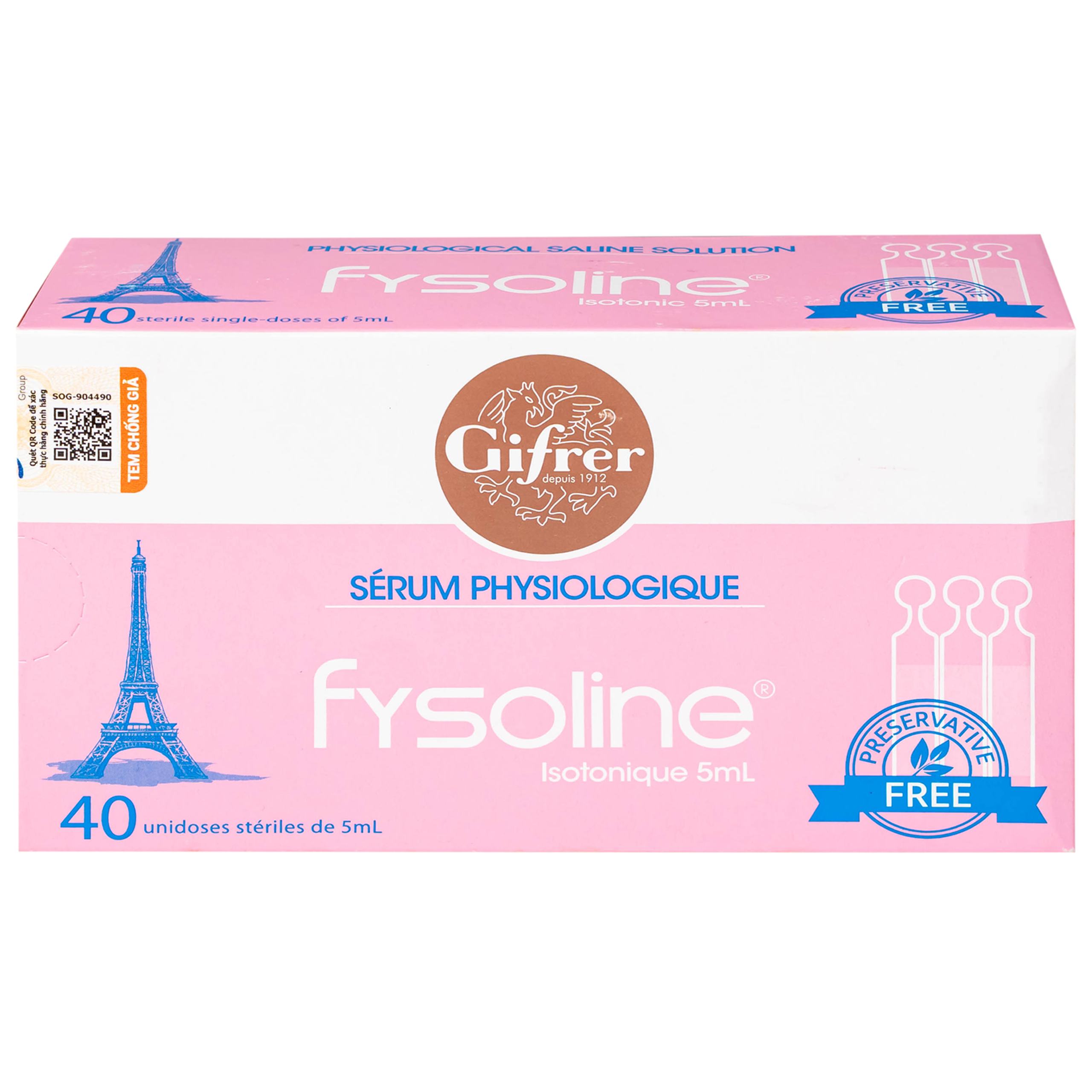 Nước muối sinh lý Fysoline Isotonique đẳng trương (40 ống x 5ml) giúp vệ sinh mắt mũi hàng ngày