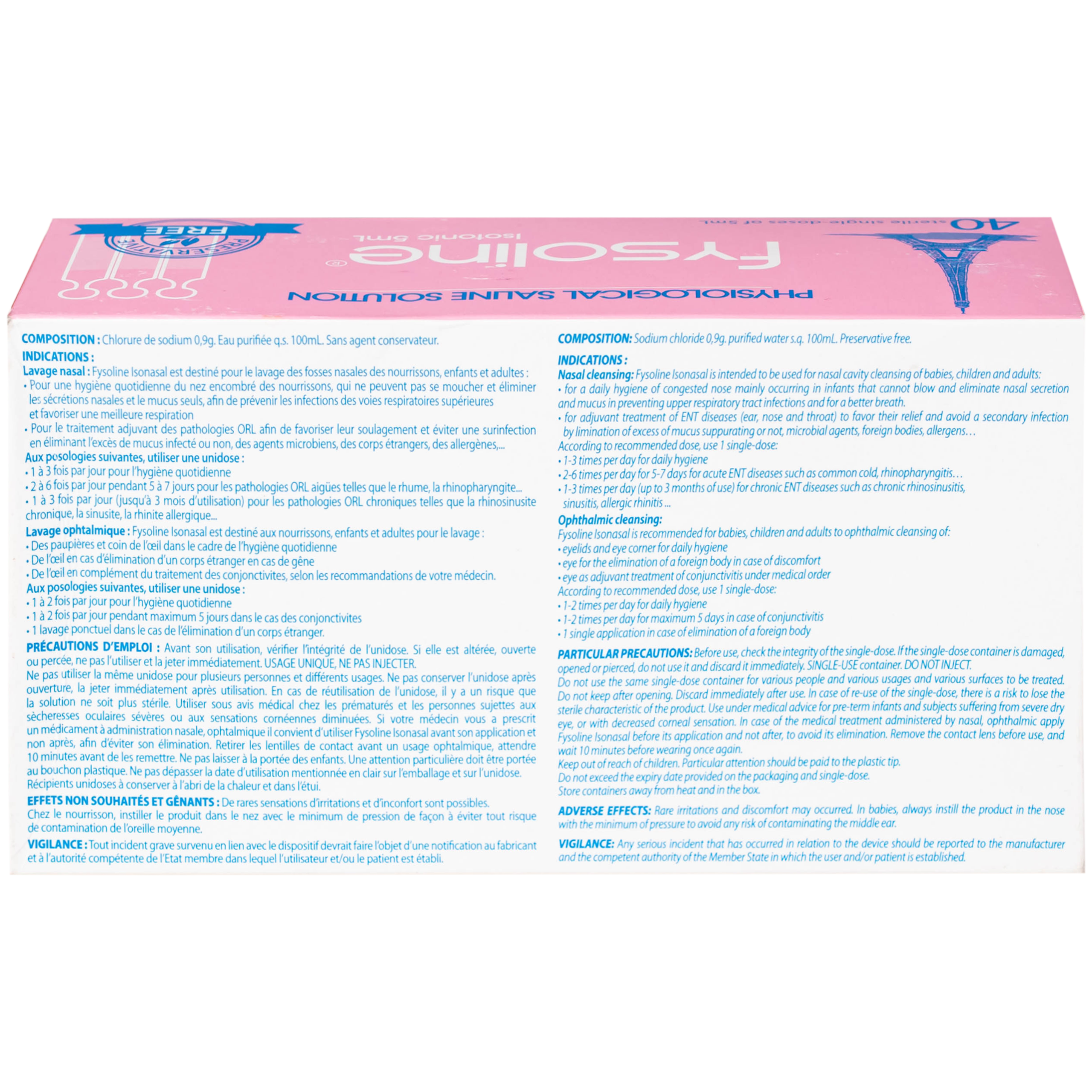 Nước muối sinh lý Fysoline Isotonique đẳng trương (40 ống x 5ml) giúp vệ sinh mắt mũi hàng ngày