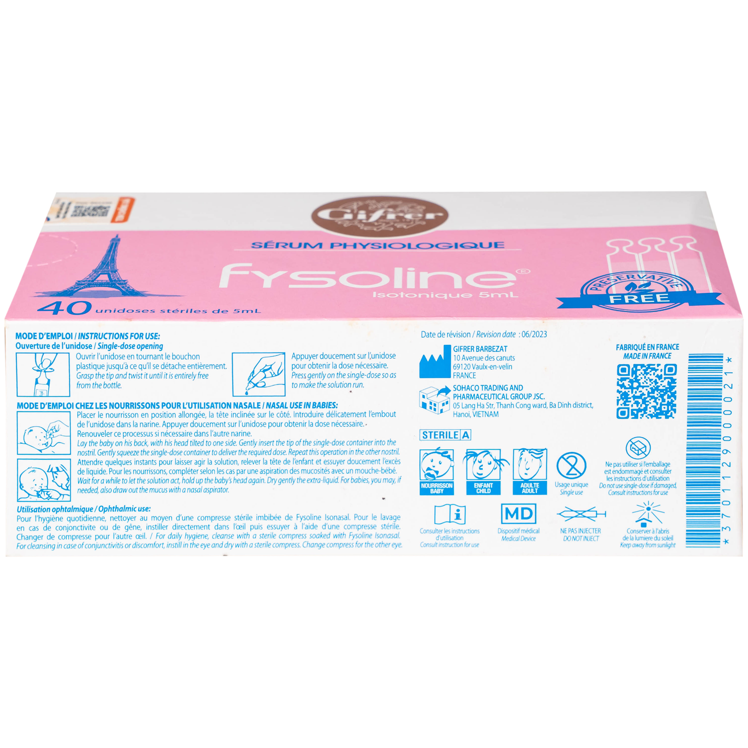 Nước muối sinh lý Fysoline Isotonique đẳng trương (40 ống x 5ml) giúp vệ sinh mắt mũi hàng ngày