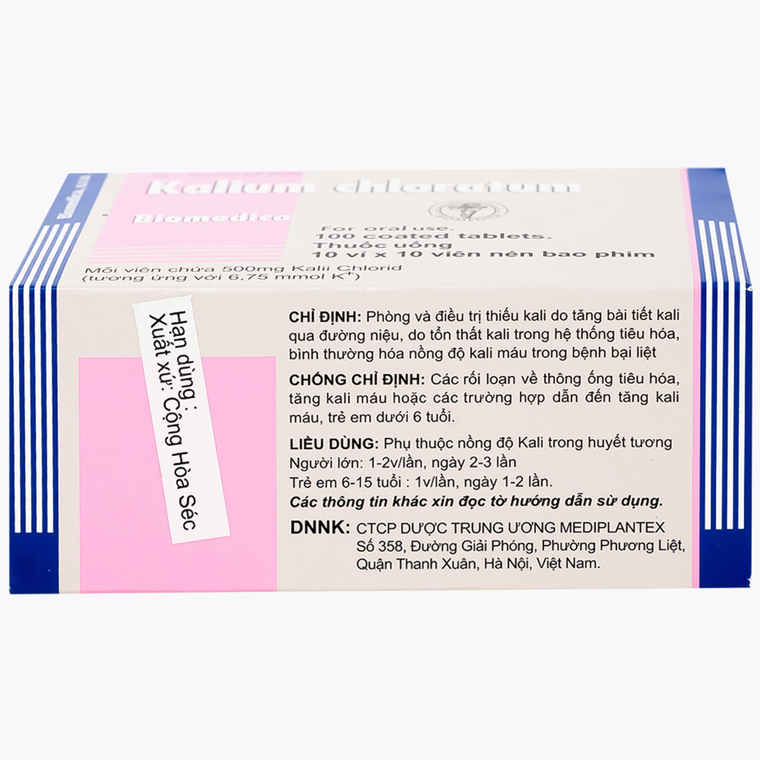 Thuốc Kalium Chloratum Biomedica dùng trong phòng và điều trị một số trường hợp thiếu kali (10 vỉ x 10 viên)