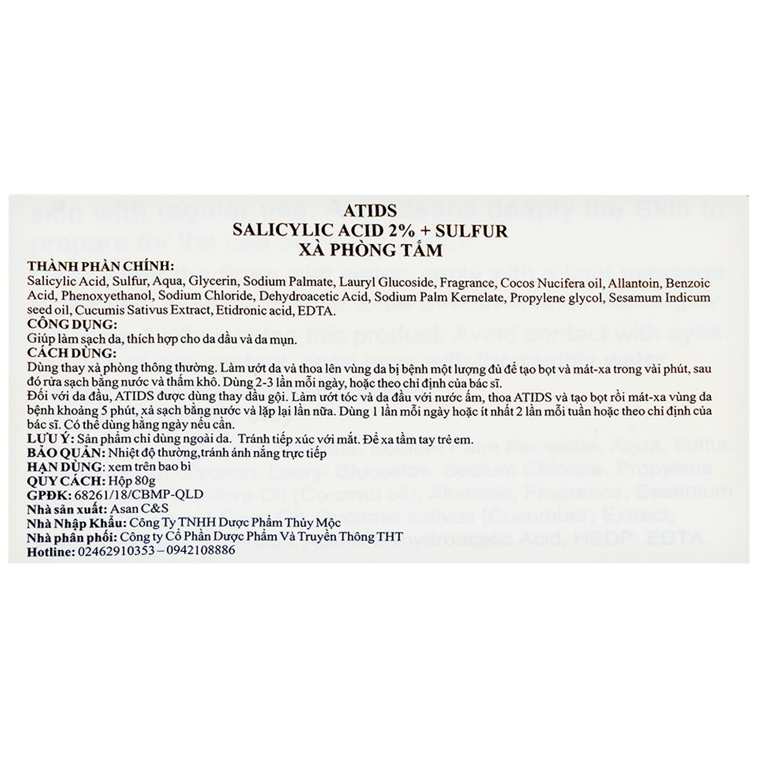 Xà phòng giảm mụn lưng Atids Salicylic Acid 2% + sulfur 80g