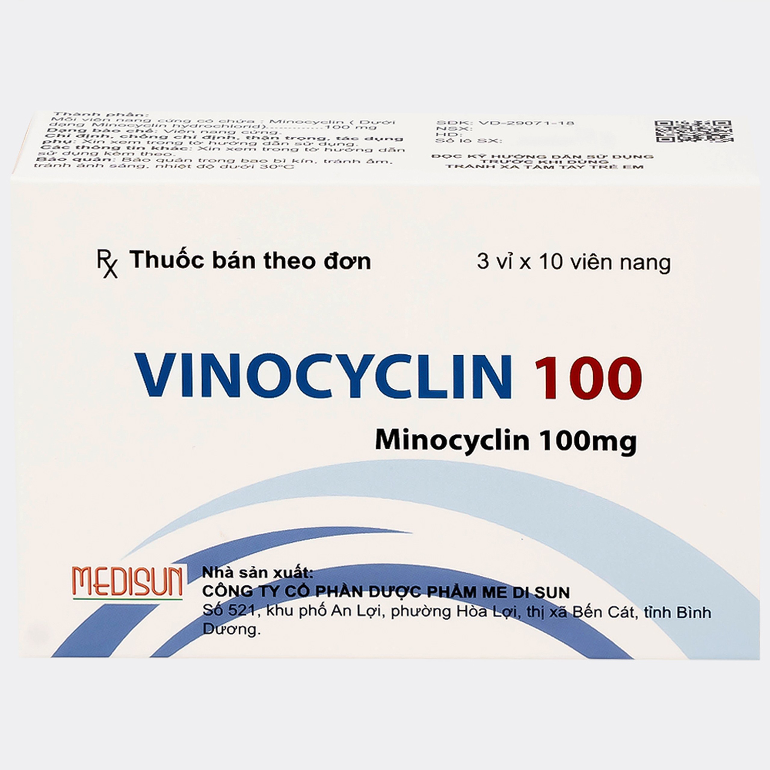 Thuốc Vinocyclin 100 Medisun điều trị mụn trứng cá, nhiễm trùng đường hô hấp (3 vỉ x 10 viên)