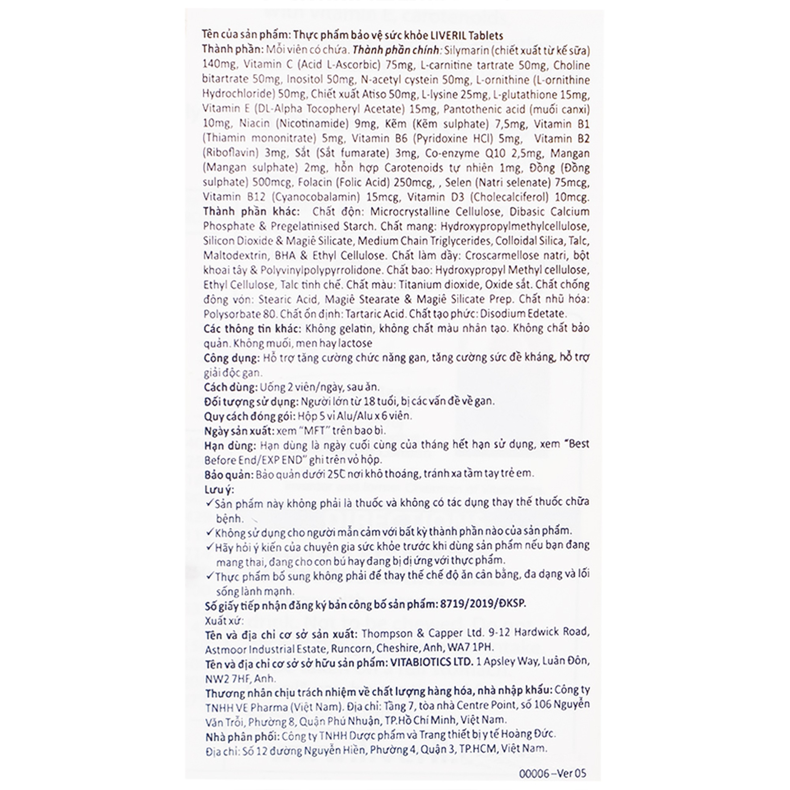 Viên uống hỗ trợ tăng cường chức năng gan Liveril Vitabiotics (5 vỉ x 6 viên)