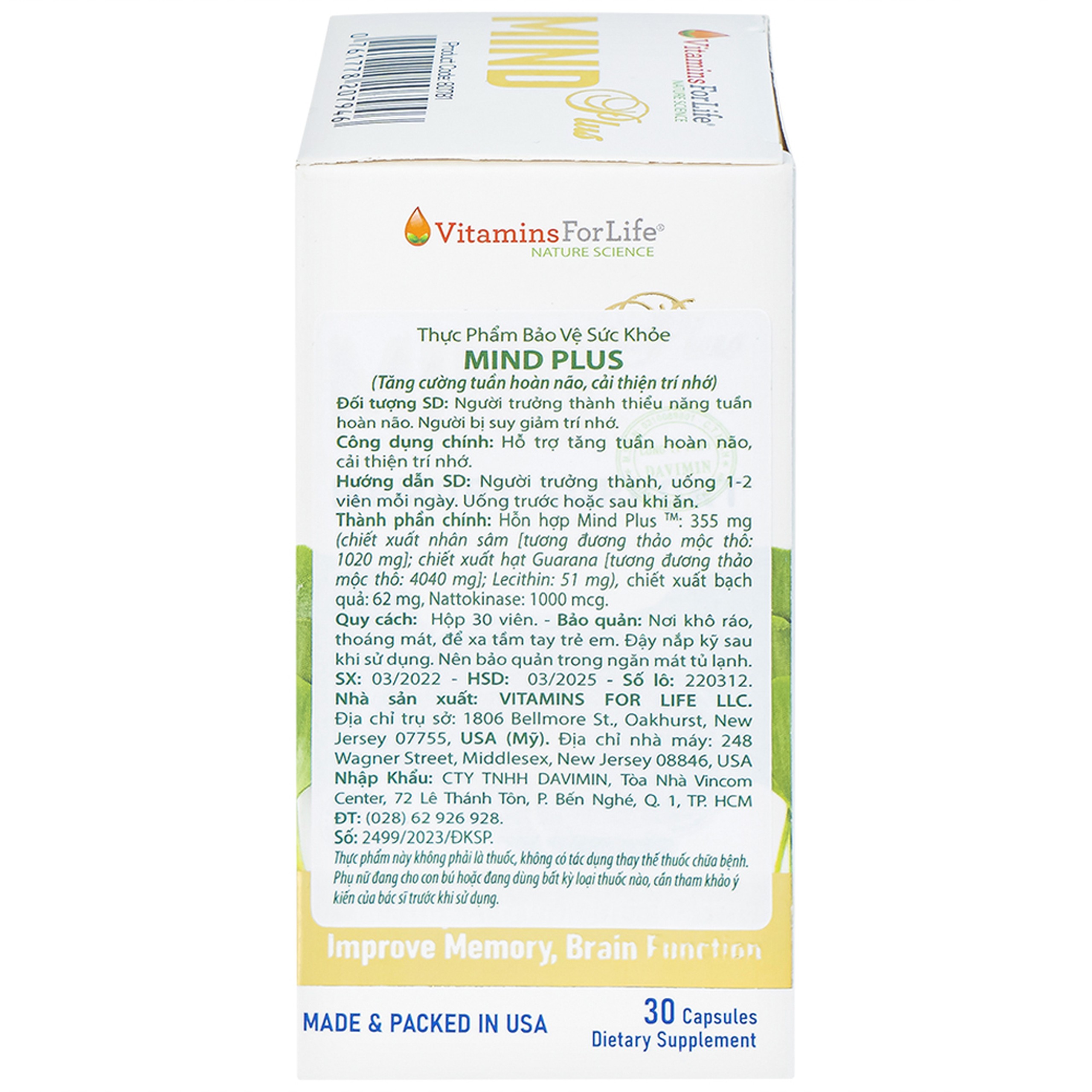 Viên uống hỗ trợ tăng tuần hoàn não, cải thiện trí nhớ Mind Plus Vitamins For Life (30 viên)