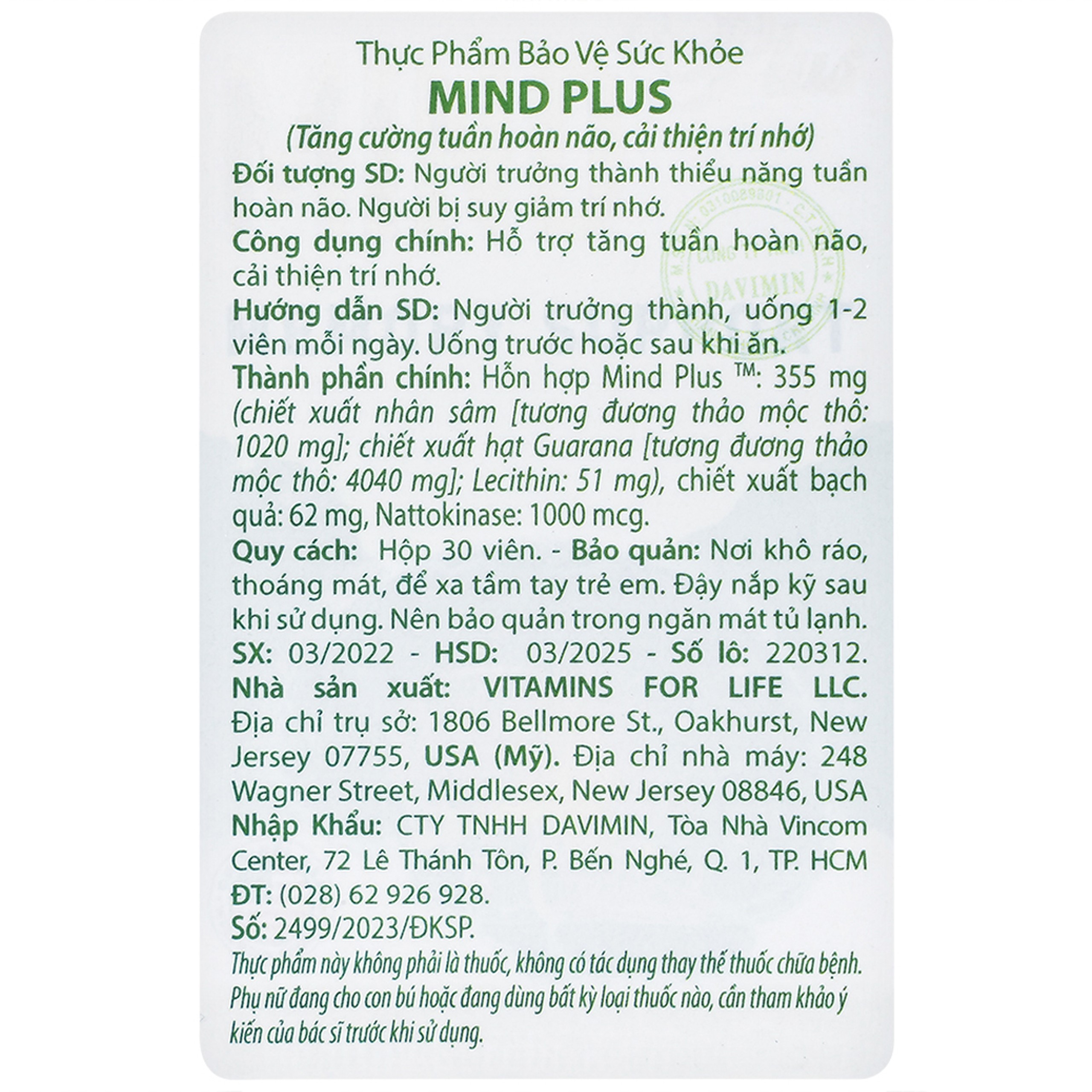 Viên uống hỗ trợ tăng tuần hoàn não, cải thiện trí nhớ Mind Plus Vitamins For Life (30 viên)