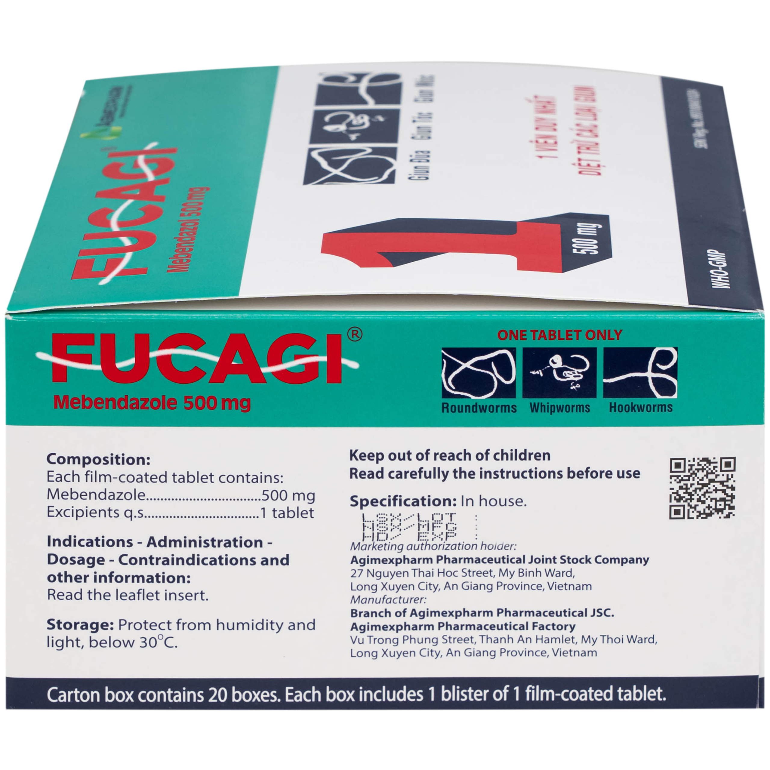 Thuốc Fucagi 500mg Agimexpharm điều trị nhiễm một hoặc nhiều loại giun đường ruột (1 viên)