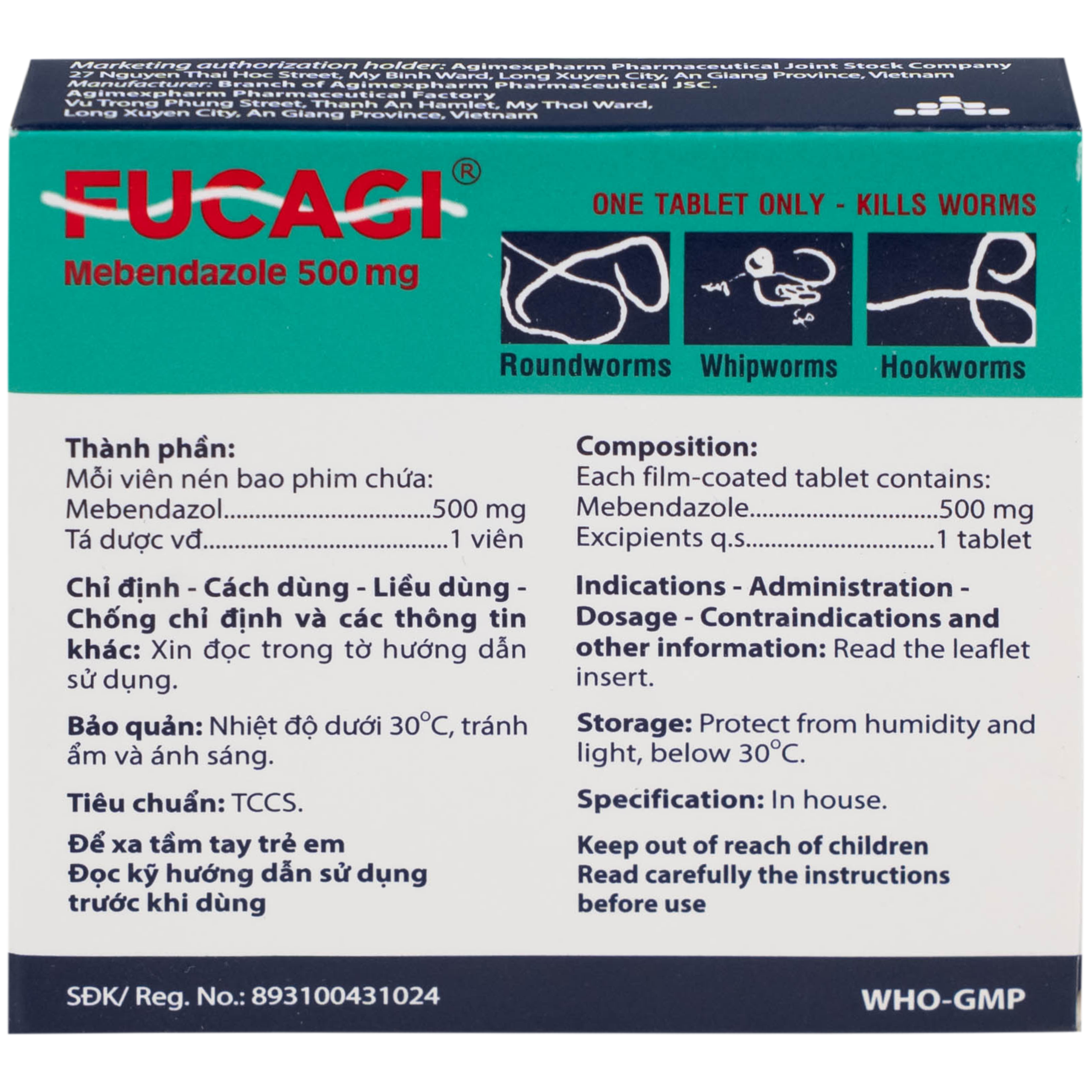 Thuốc Fucagi 500mg Agimexpharm điều trị nhiễm một hoặc nhiều loại giun đường ruột (1 viên)