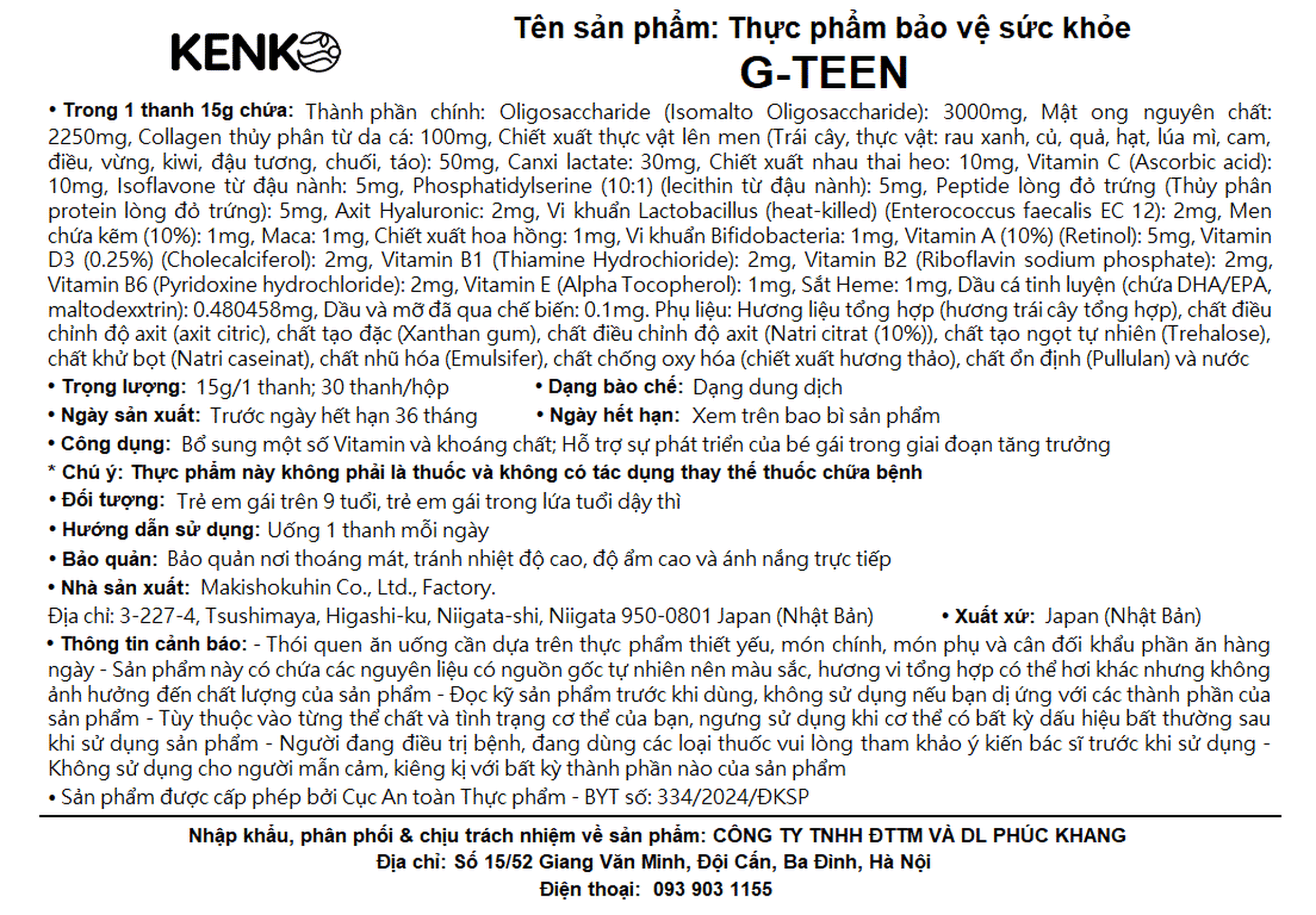 Thực phẩm bảo vệ sức khỏe G-TEEN Kenko hỗ trợ phát triển cho bé gái giai đoạn dậy thì (30 gói x 15g)