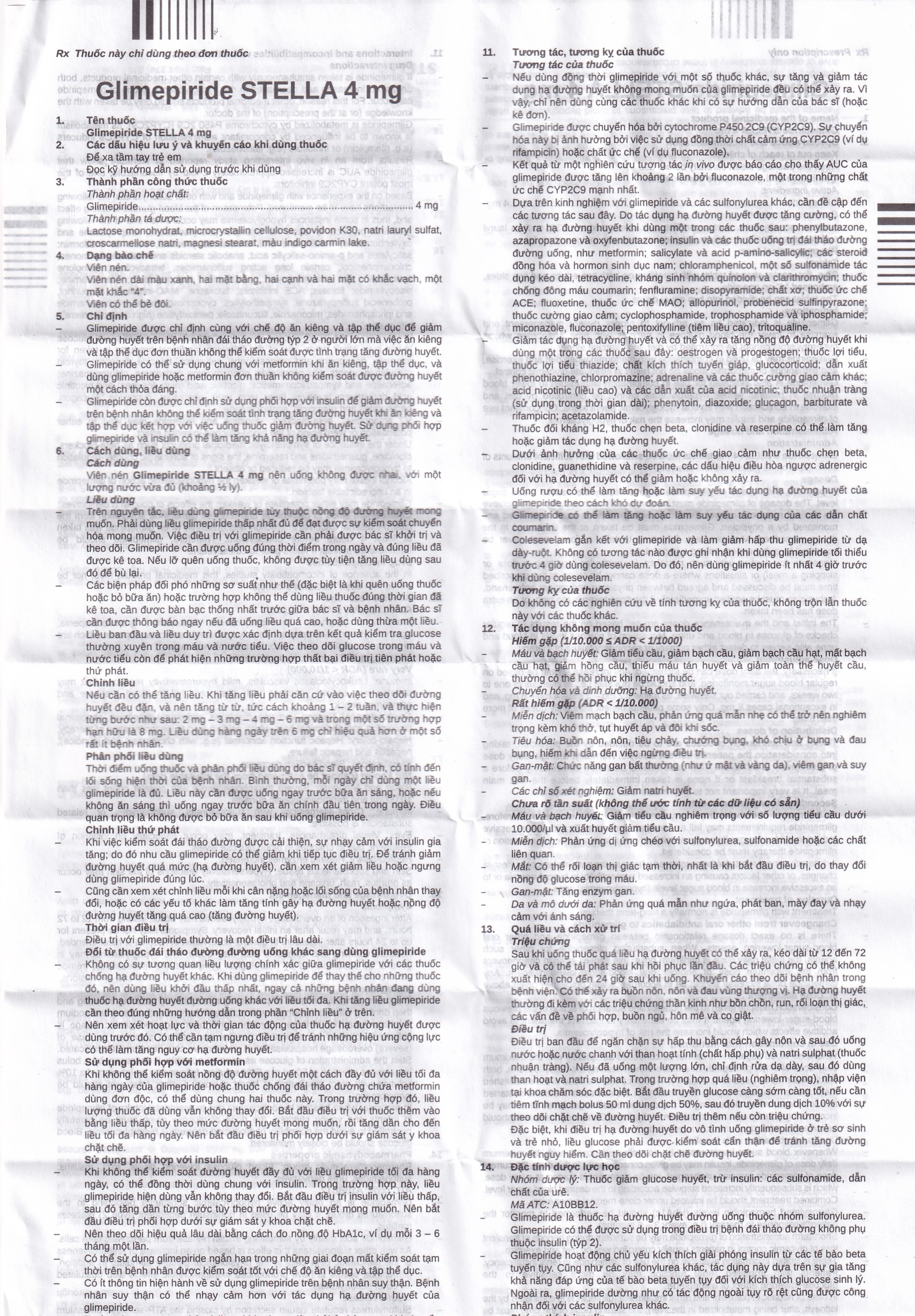 Thuốc Glimepiride 4mg Stella Pharm giảm đường huyết cho bệnh đái tháo đường típ 2 (6 vỉ x 10 viên)
