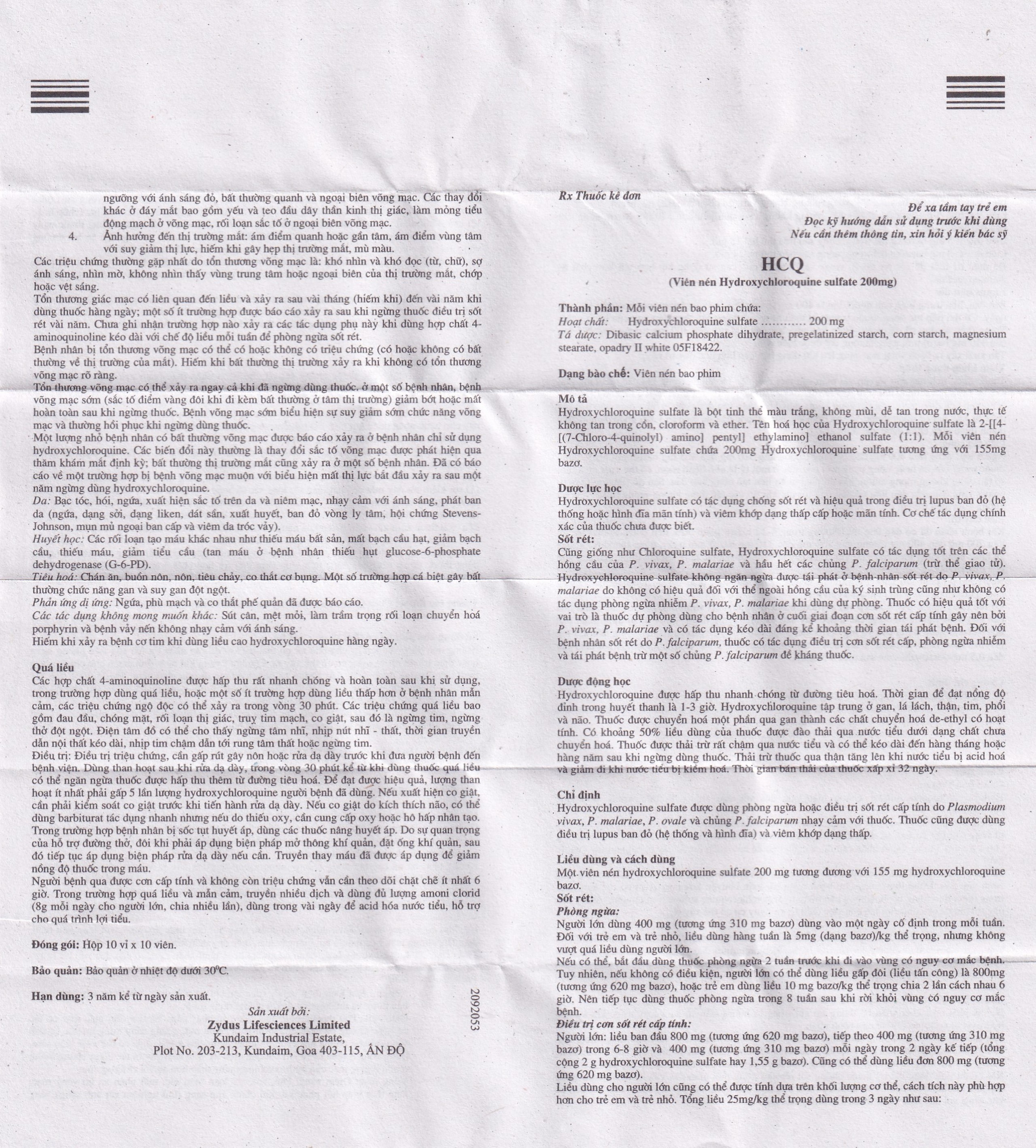 Thuốc HCQ 200mg Zydus phòng ngừa hoặc điều trị sốt rét cấp tính (10 vỉ x 10 viên)