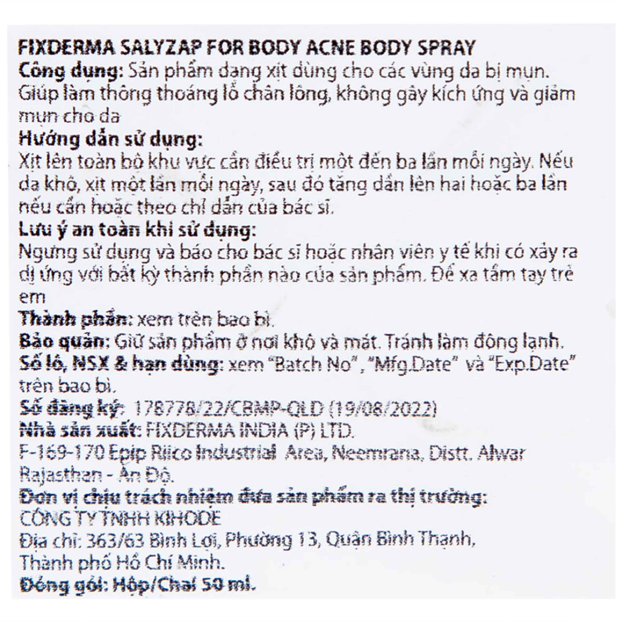Xịt mụn lưng Fixderma Salyzap 50ml