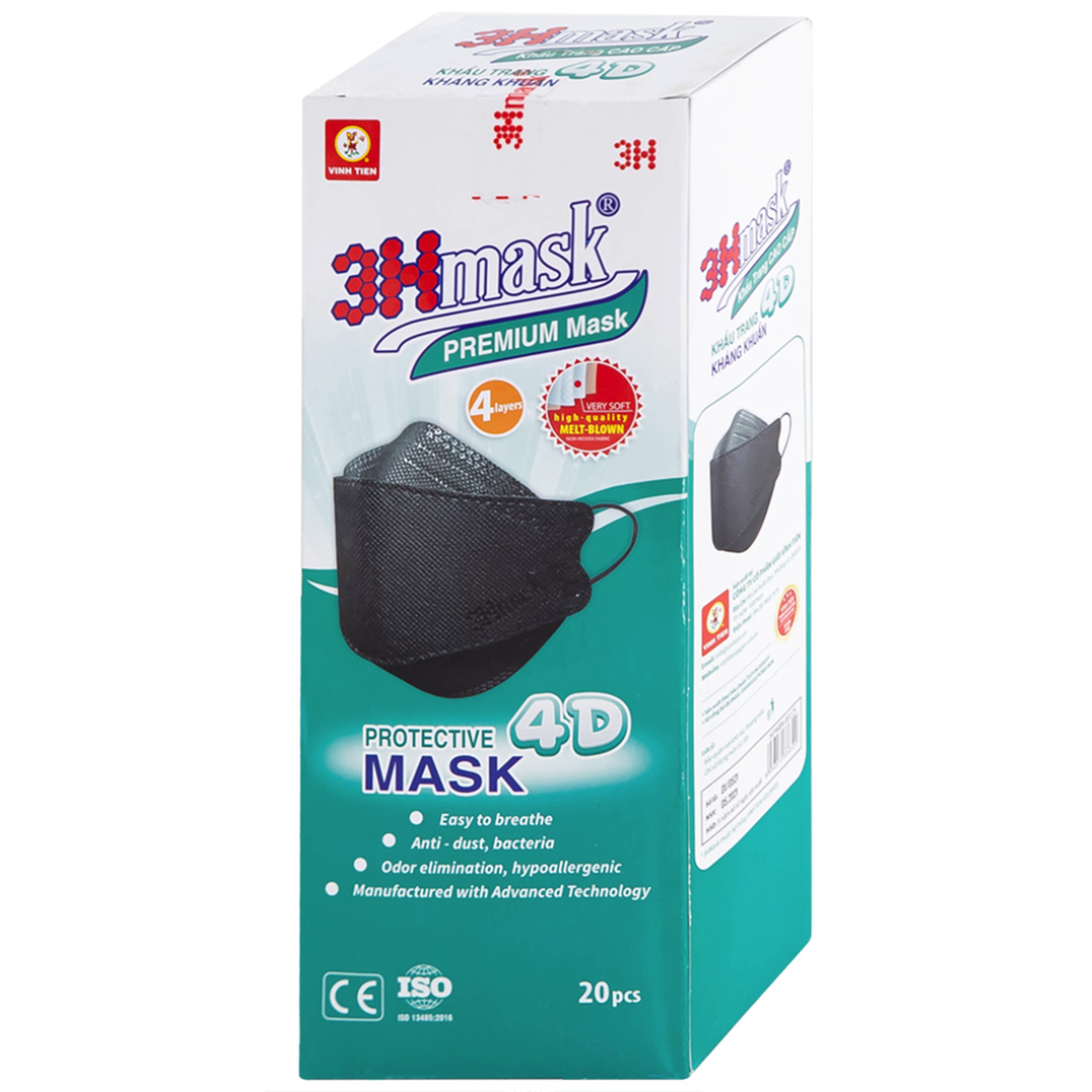 Khẩu trang 4 lớp Vĩnh Tiến 4D 3Hmask màu đen (20 cái) ngăn khói bụi, vi khuẩn