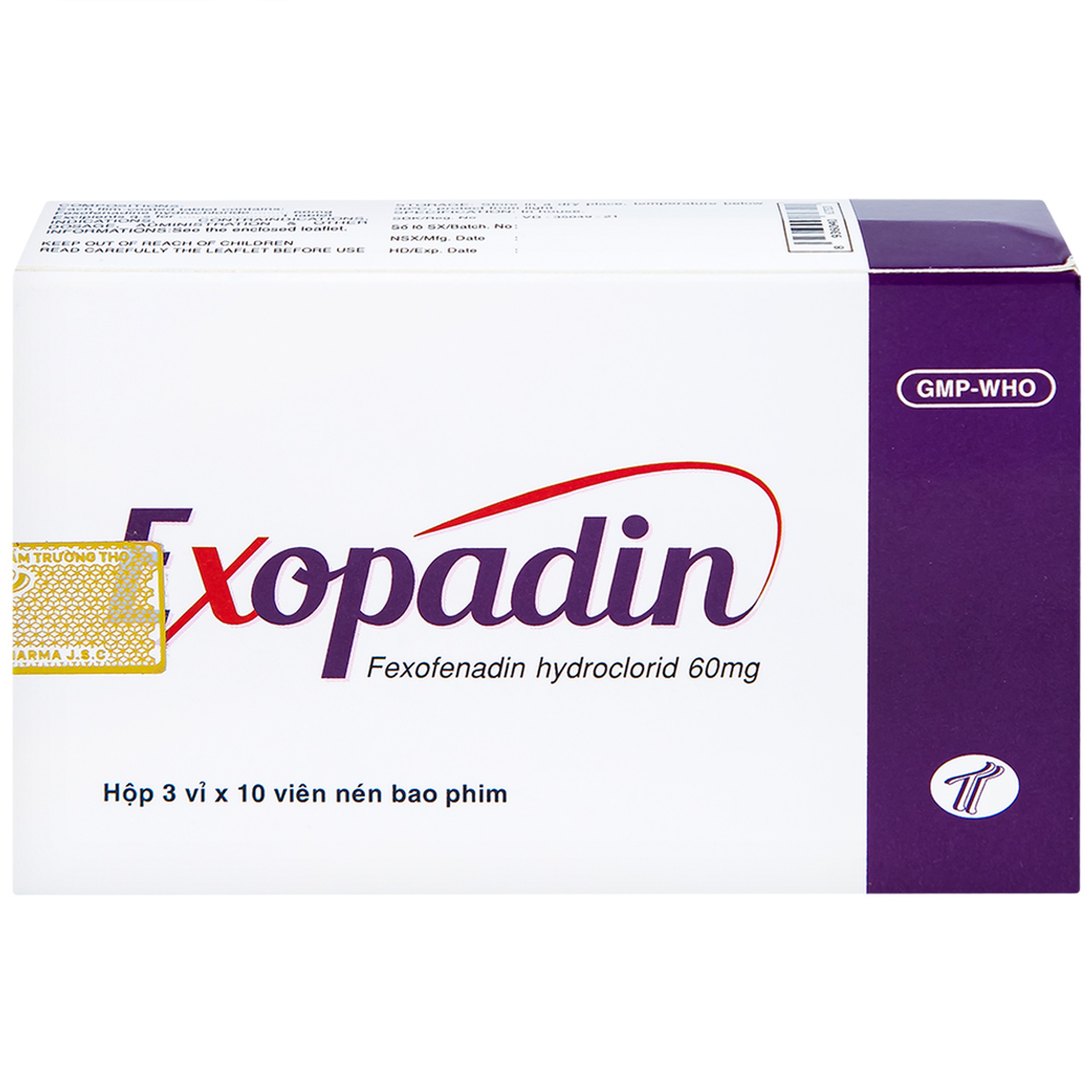 Thuốc Exopadin 60mg Trường Thọ điều trị viêm mũi dị ứng, mày đay (3 vỉ x 10 viên) 