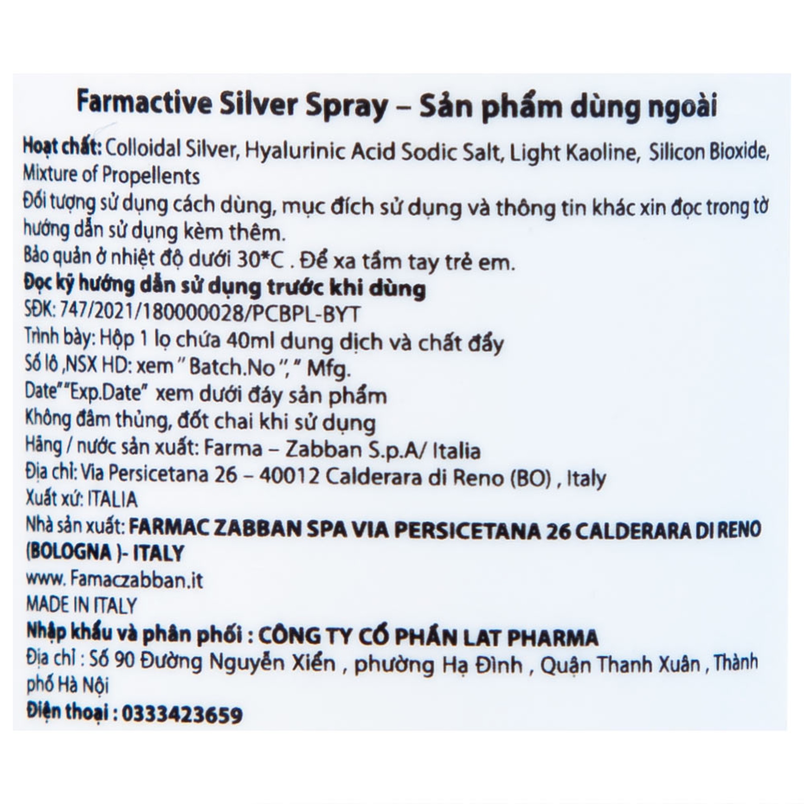 Xịt phủ vết thương, vết bỏng Farmactive Silver Spray 125ml giúp bảo vệ làm lành vết thương