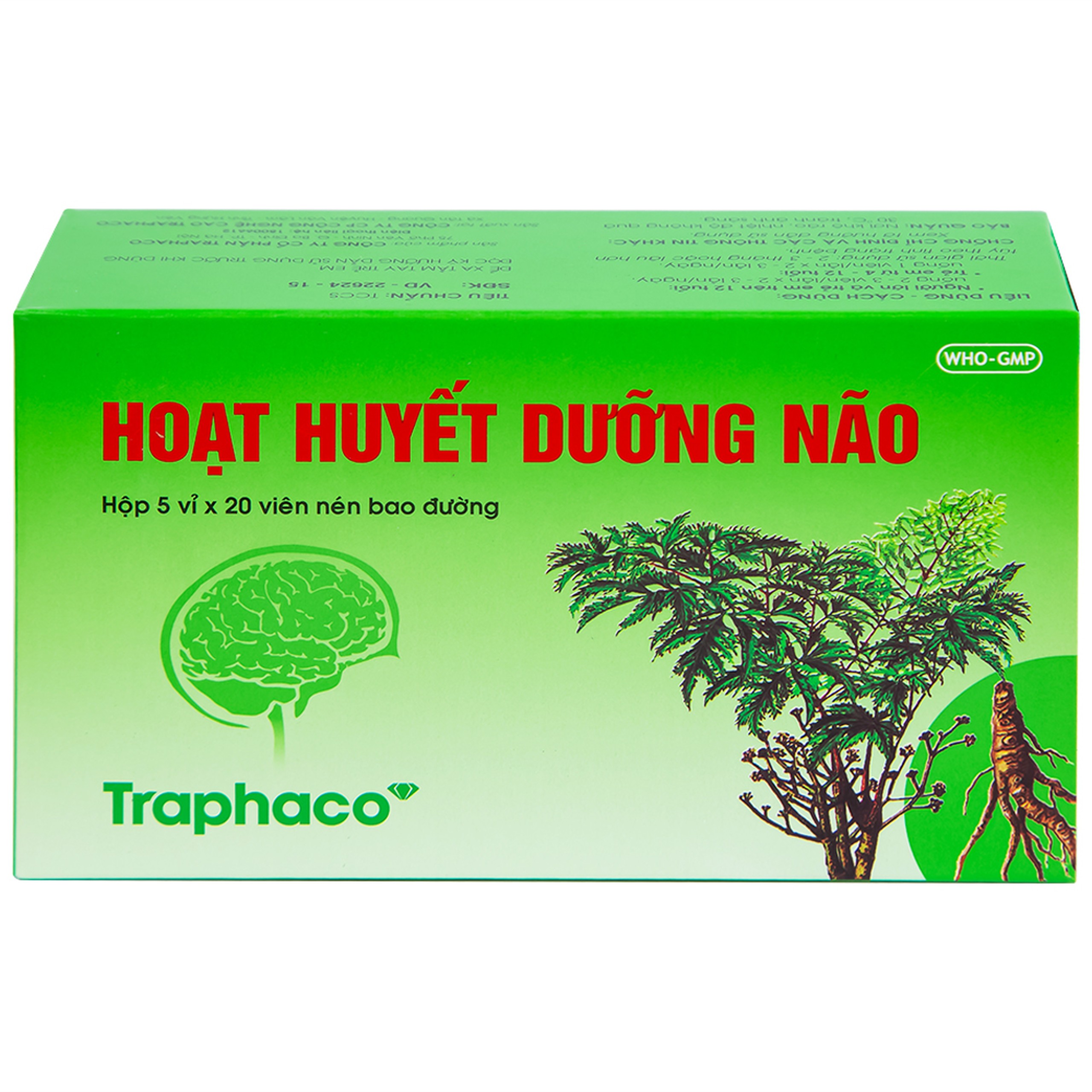 Thuốc Hoạt Huyết Dưỡng Não bao đường Traphaco điều trị suy giảm trí nhớ, căng thẳng thần kinh (5 vỉ x 20 viên)
