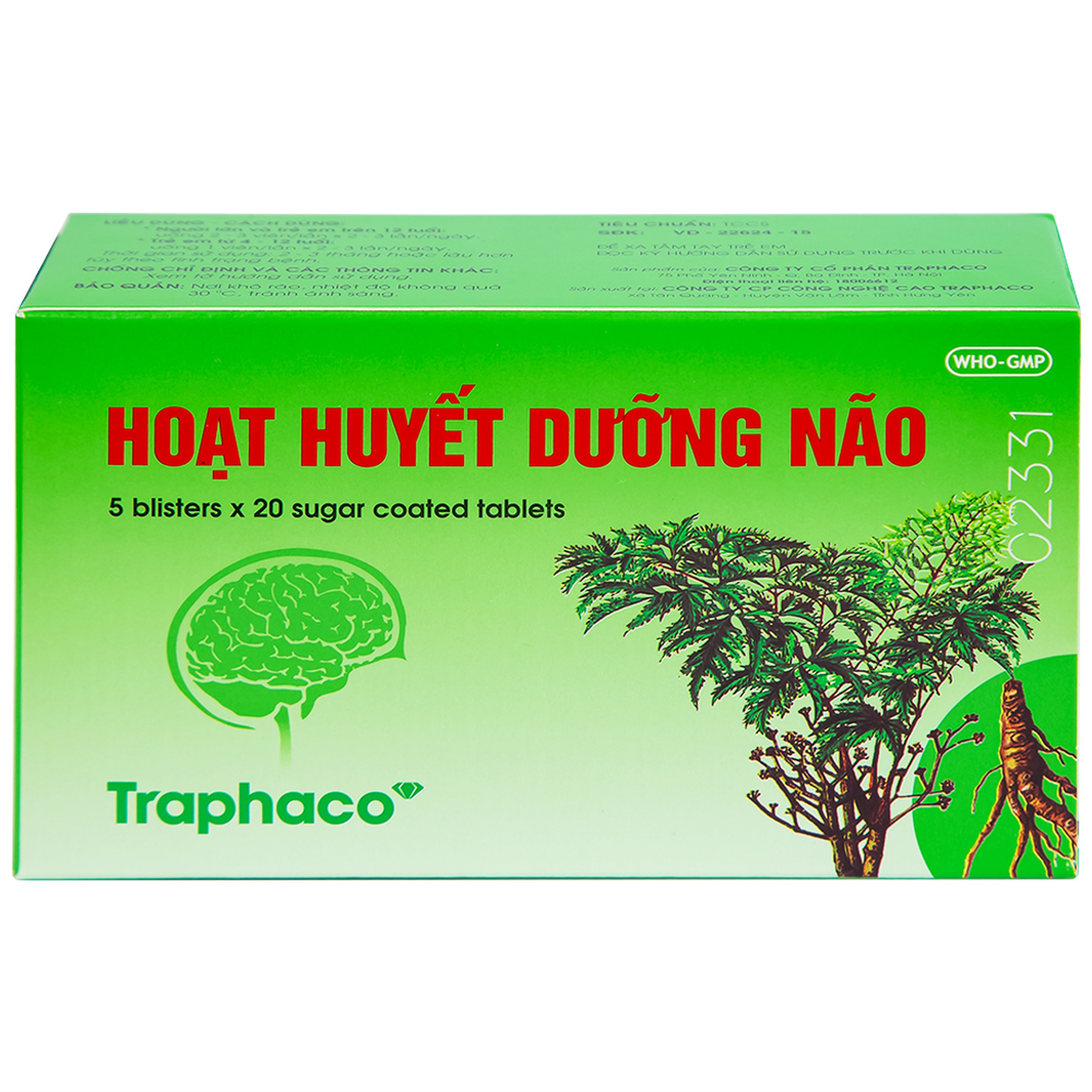 Thuốc Hoạt Huyết Dưỡng Não bao đường Traphaco điều trị suy giảm trí nhớ, căng thẳng thần kinh (5 vỉ x 20 viên)
