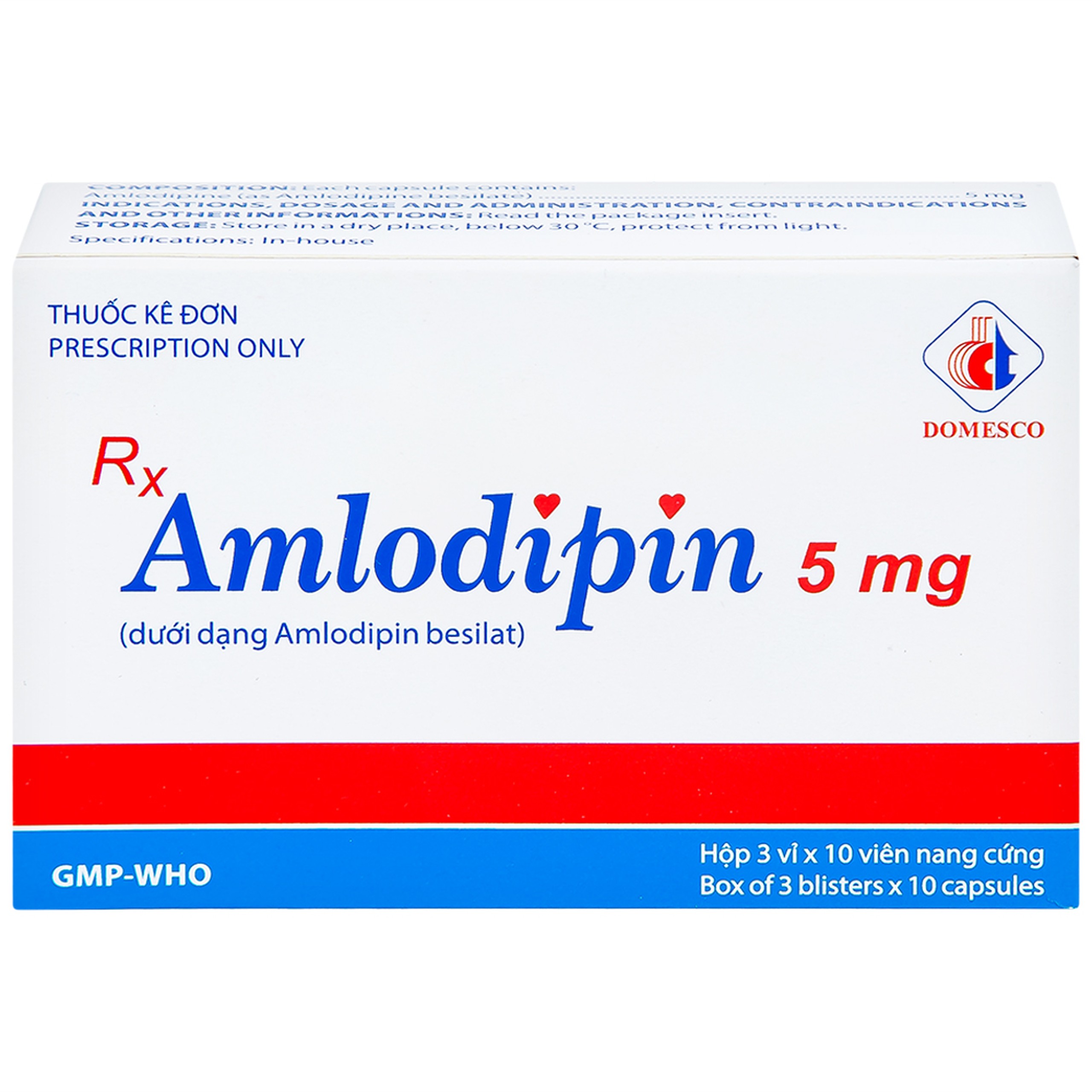 Thuốc Amlodipin 5mg Domesco điều trị tăng huyết áp, đau thắt ngực (3 vỉ x 10 viên)