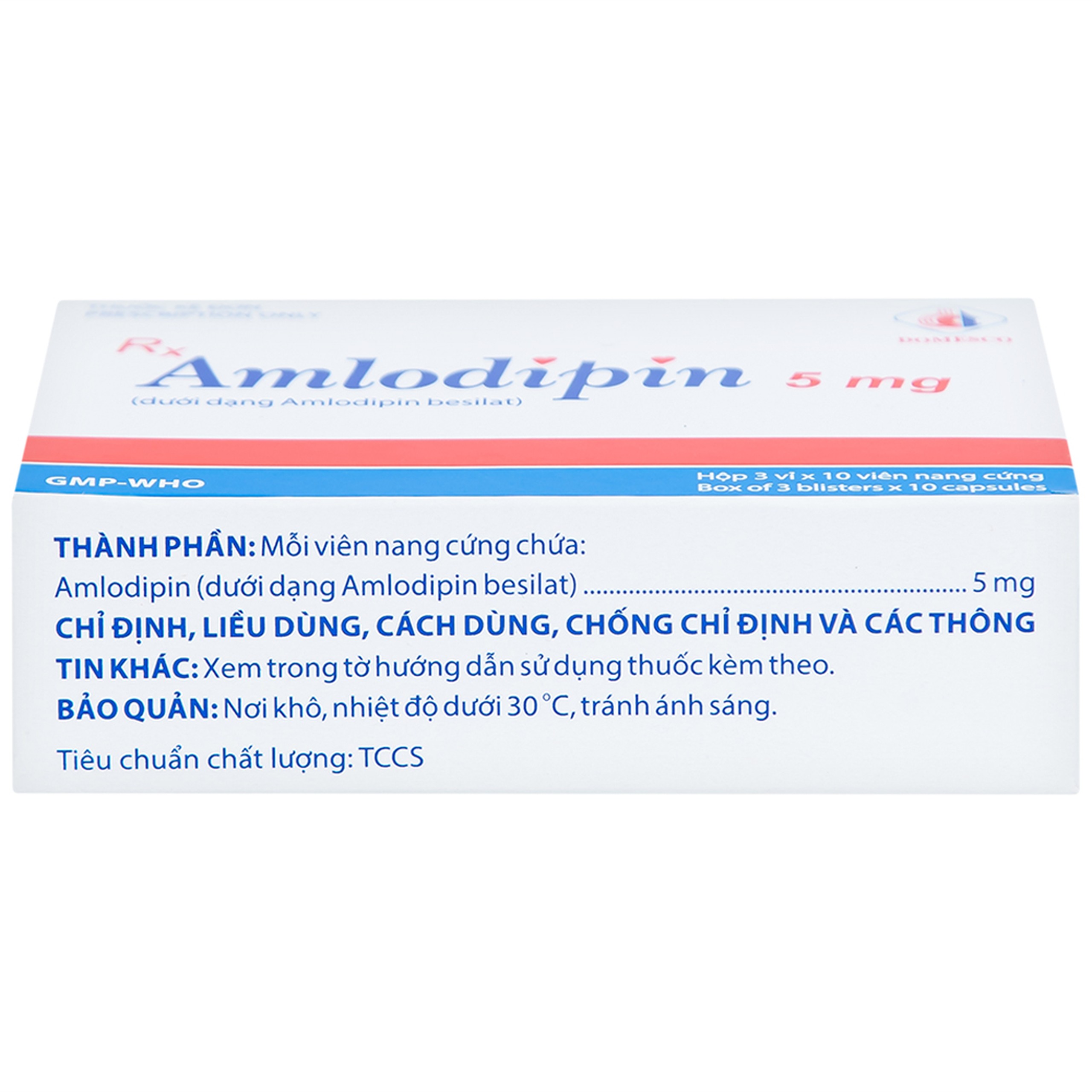 Thuốc Amlodipin 5mg Domesco điều trị tăng huyết áp, đau thắt ngực (3 vỉ x 10 viên)