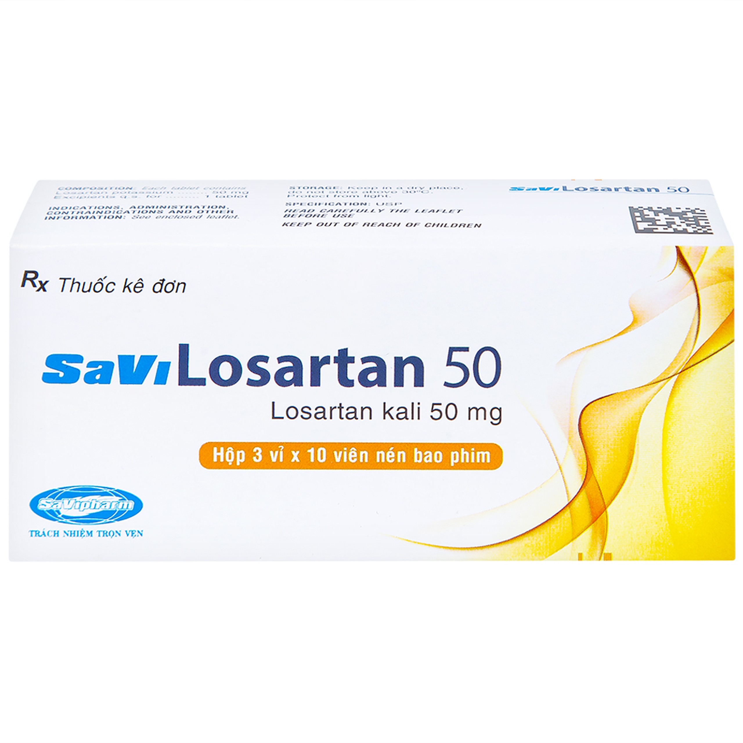 Thuốc Savi Losartan 50 điều trị tăng huyết áp nguyên phát (3 vỉ x 10 viên)