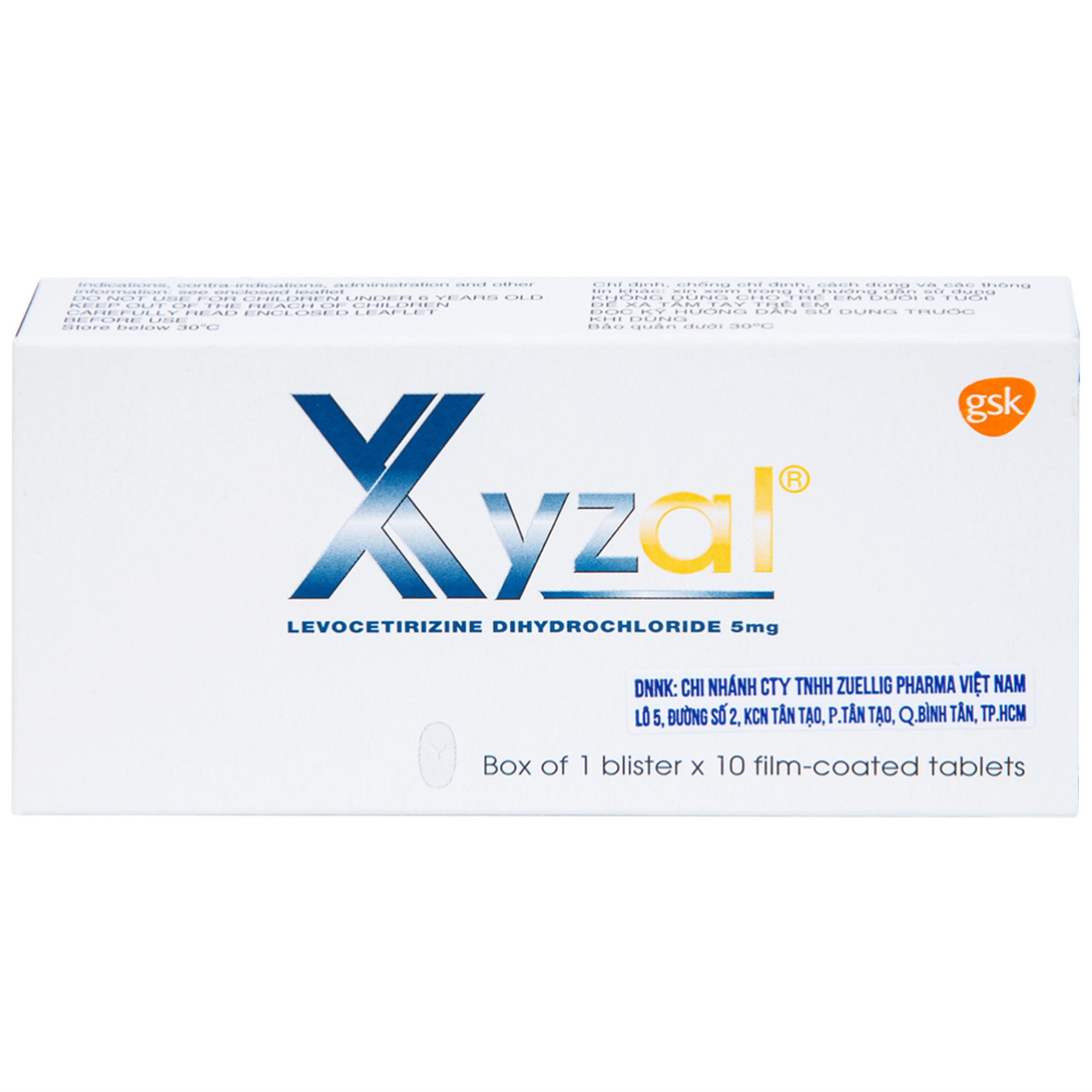 Thuốc Xyzal 5mg GSK điều trị triệu chứng viêm mũi dị ứng theo mùa (1 vỉ x 10 viên) 