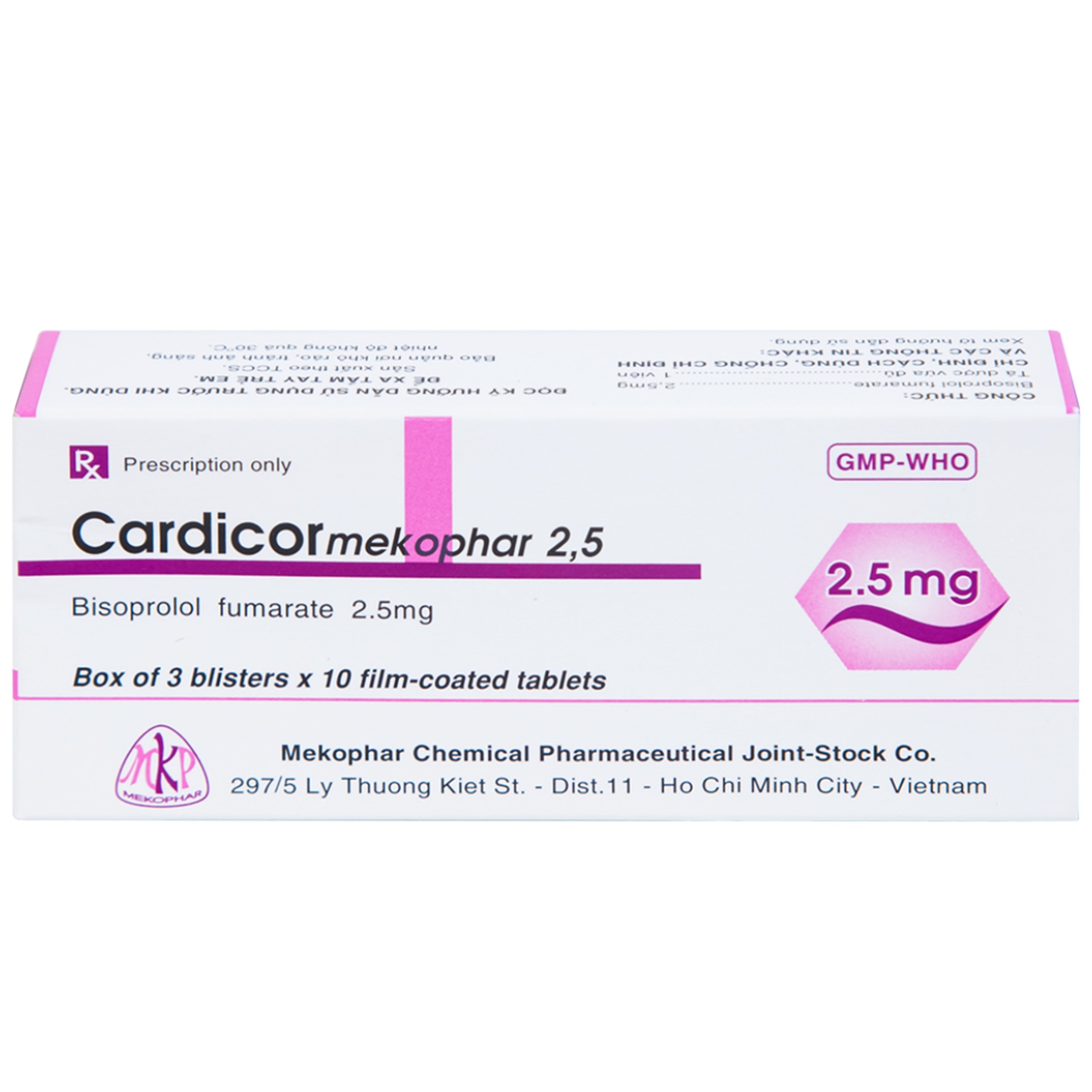 Thuốc Cardicor Mekophar 2.5 điều trị tăng huyết áp, đau thắt ngực (3 vỉ x 10 viên)