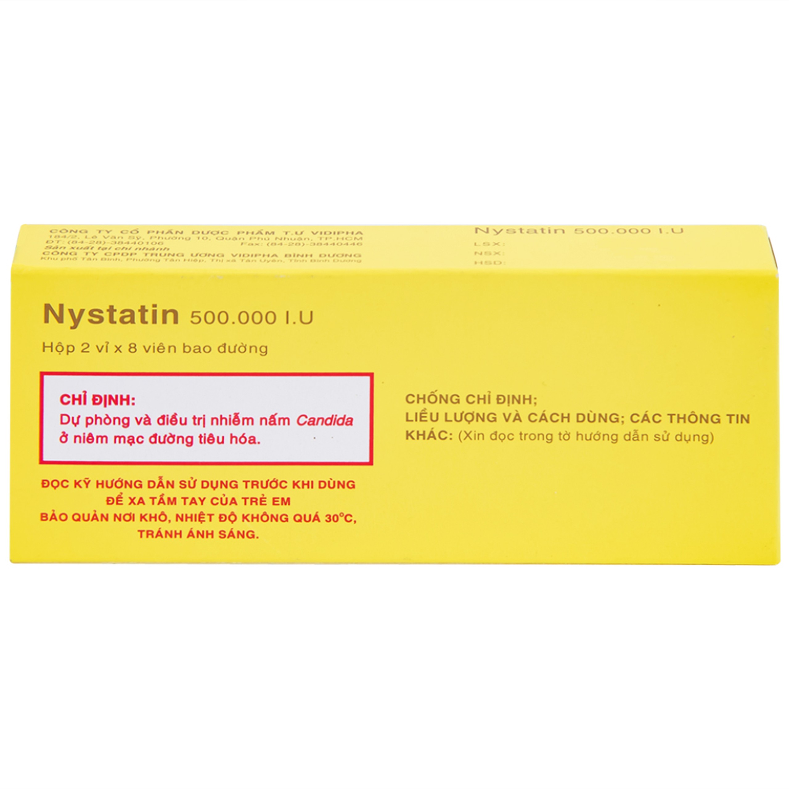 Thuốc Nystatin 500.000I.U Vidipha dự phòng và điều trị nhiễm nấm Candida (2 vỉ x 8 viên) 