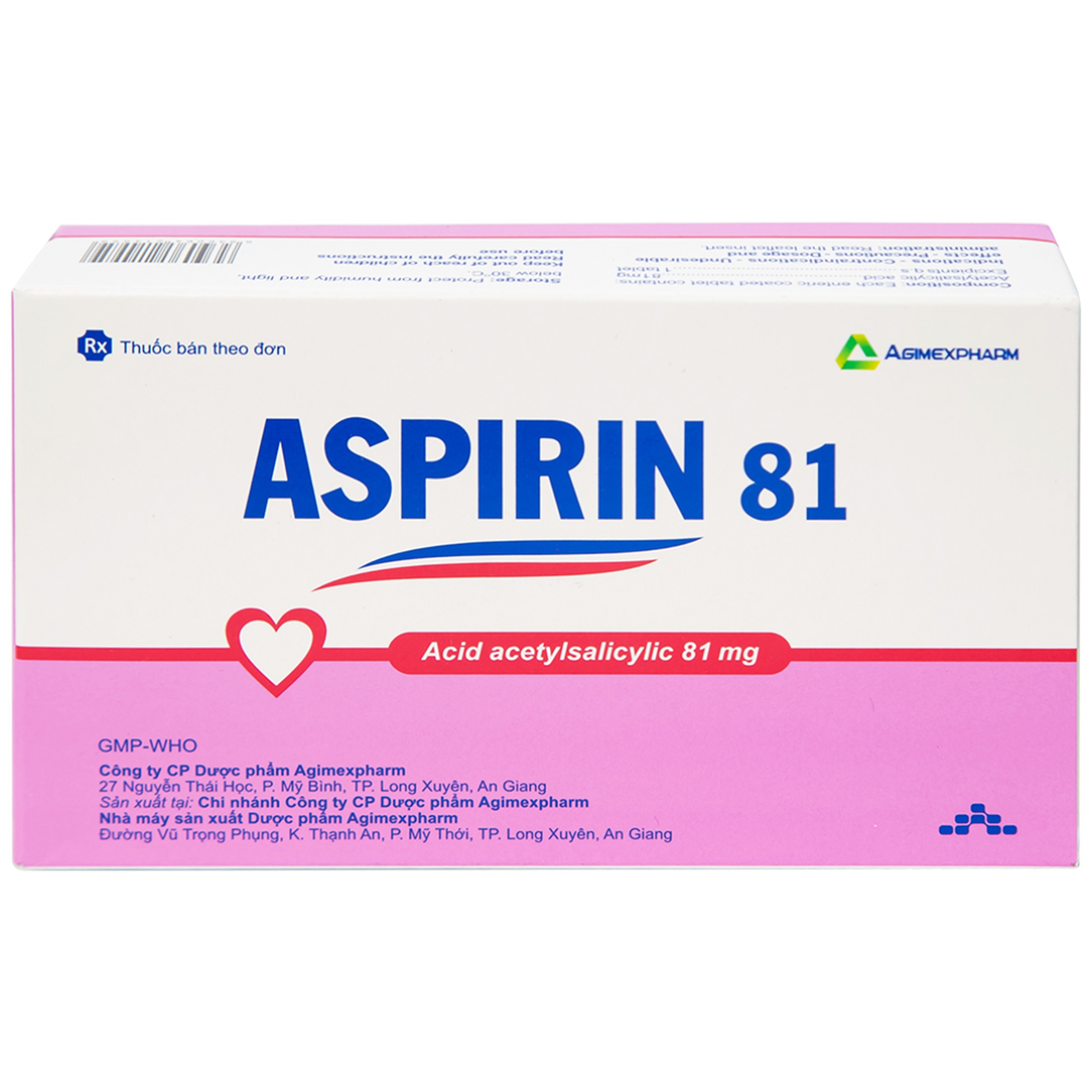 Thuốc Aspirin 81 Agimexpharm phòng ngừa nhồi máu cơ tim, đột quỵ (20 vỉ x 10 viên)