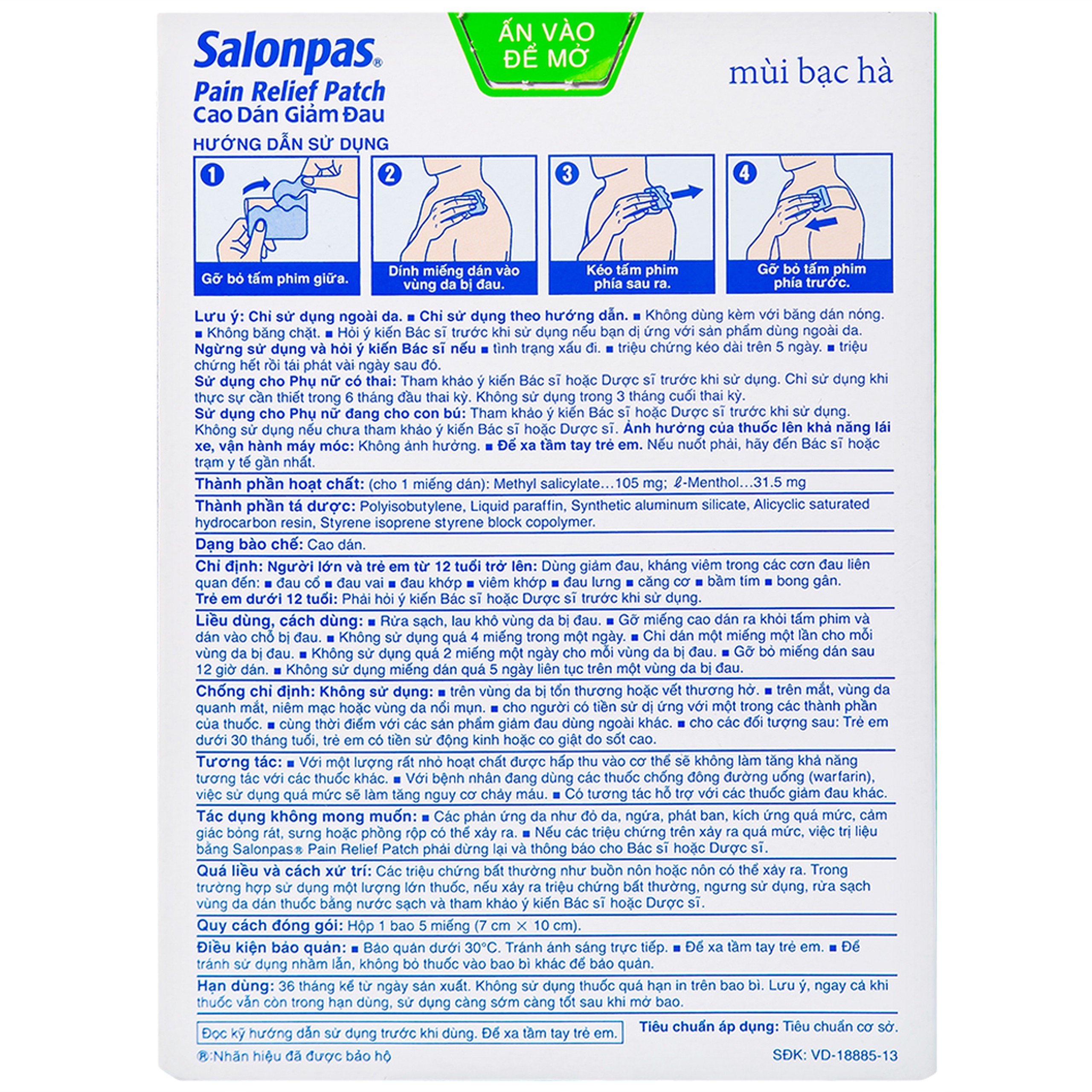 Cao dán giảm đau Salonpas Pain Relief Patch dùng trong các cơn đau vai, đau cổ (7cm x 10 cm - 5 miếng)