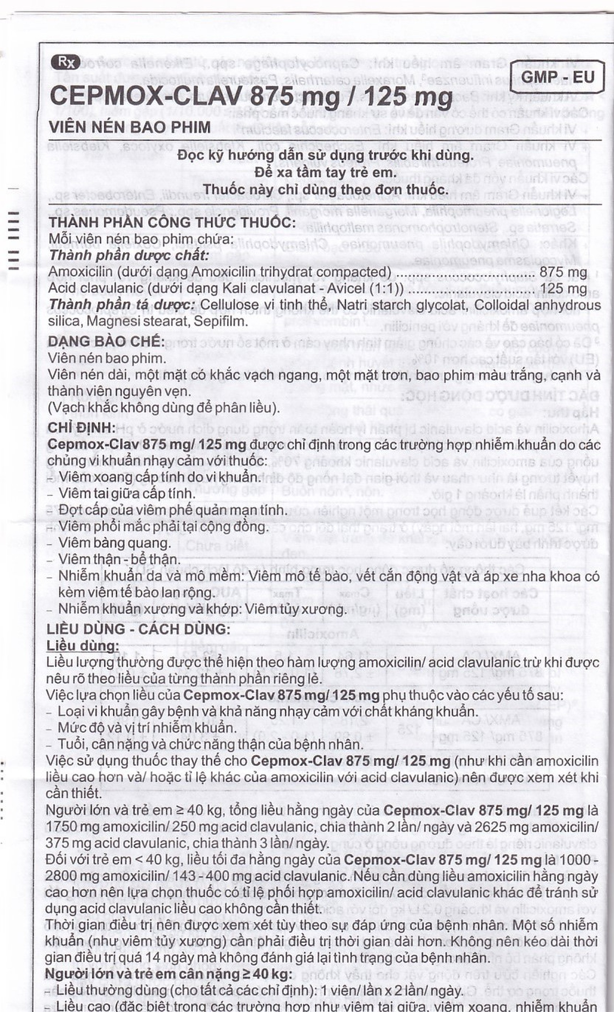 Thuốc Cepmox-Clav 875mg/125mg Imexpharm điều trị viêm xoang cấp tính do vi khuẩn, viêm tai giữa cấp tính (2 vỉ x 7 viên)