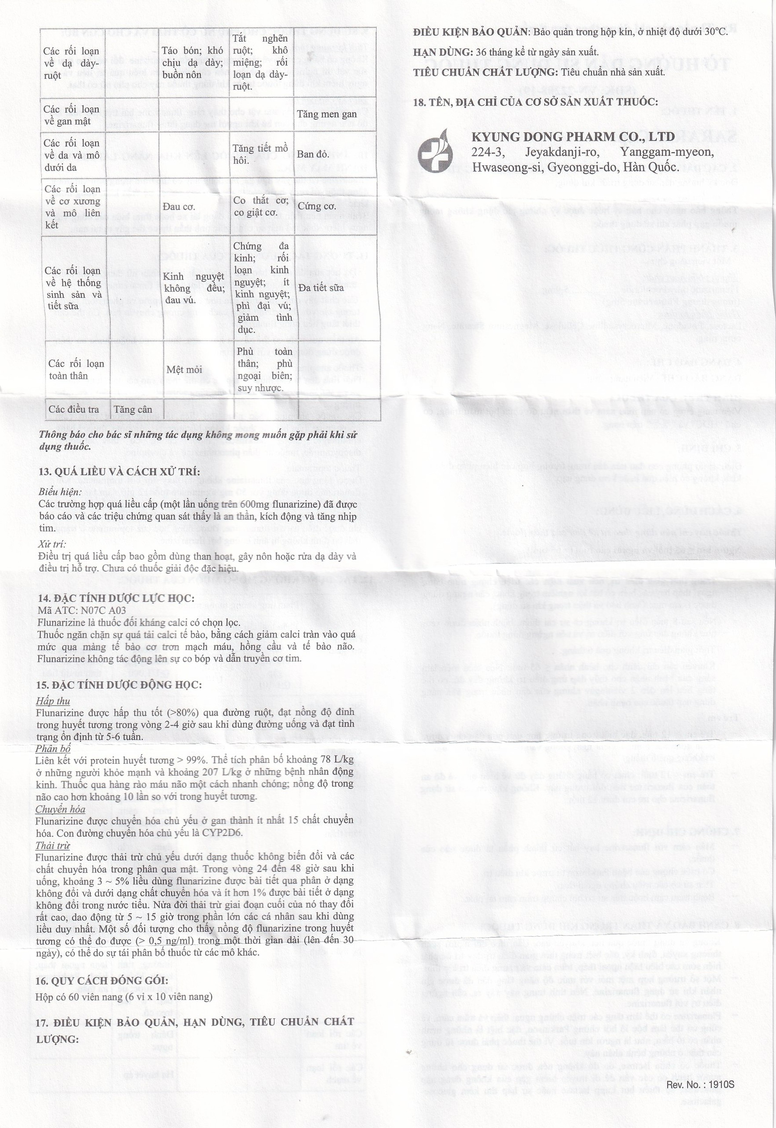 Thuốc Sarariz 5.9mg Kyung Dong điều trị đau nửa đầu, chứng chóng mặt (60 viên)