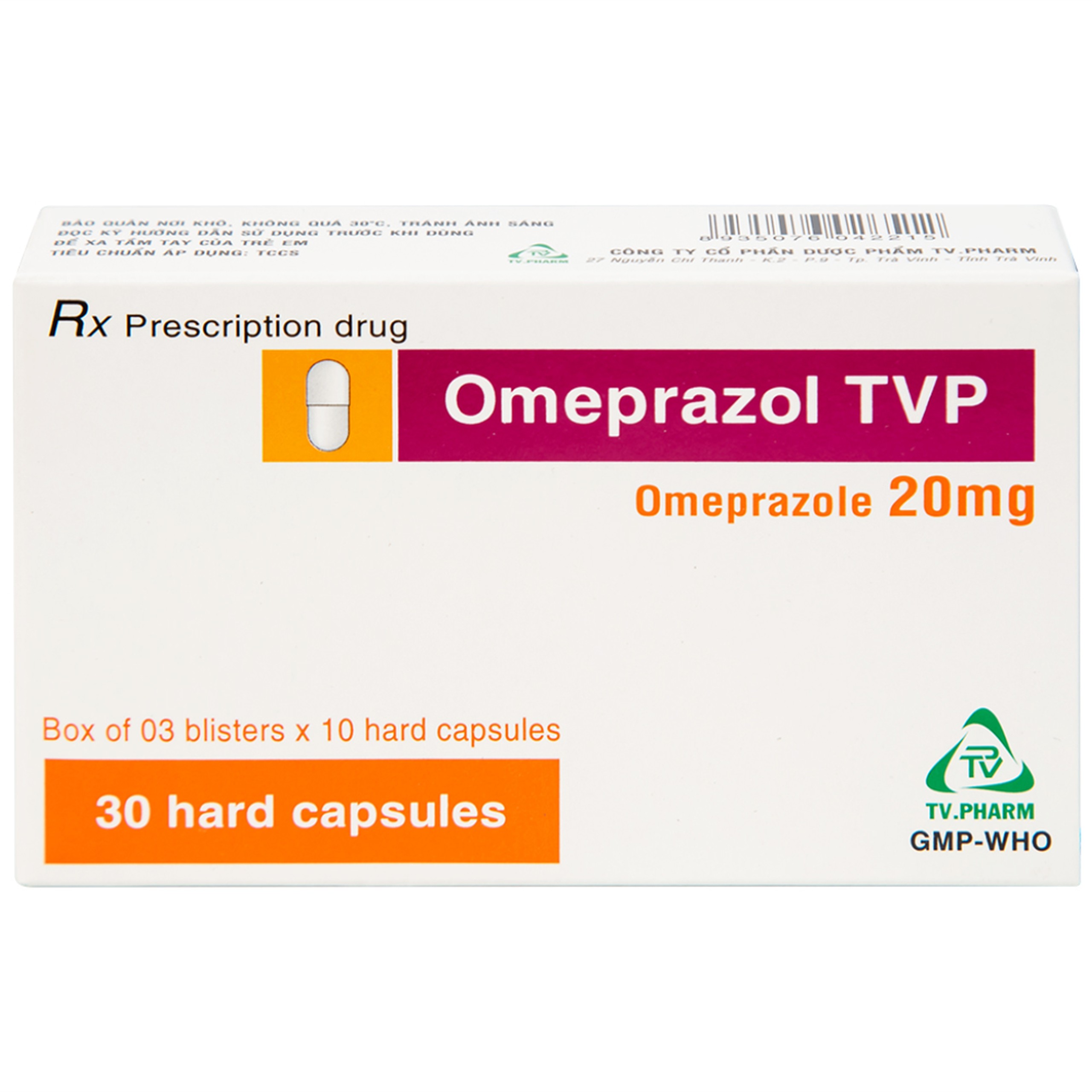 Viên nang cứng Omeprazol TVP 20mg điều trị loét tá tràng, viêm loét dạ dày (3 vỉ x 10 viên) 
