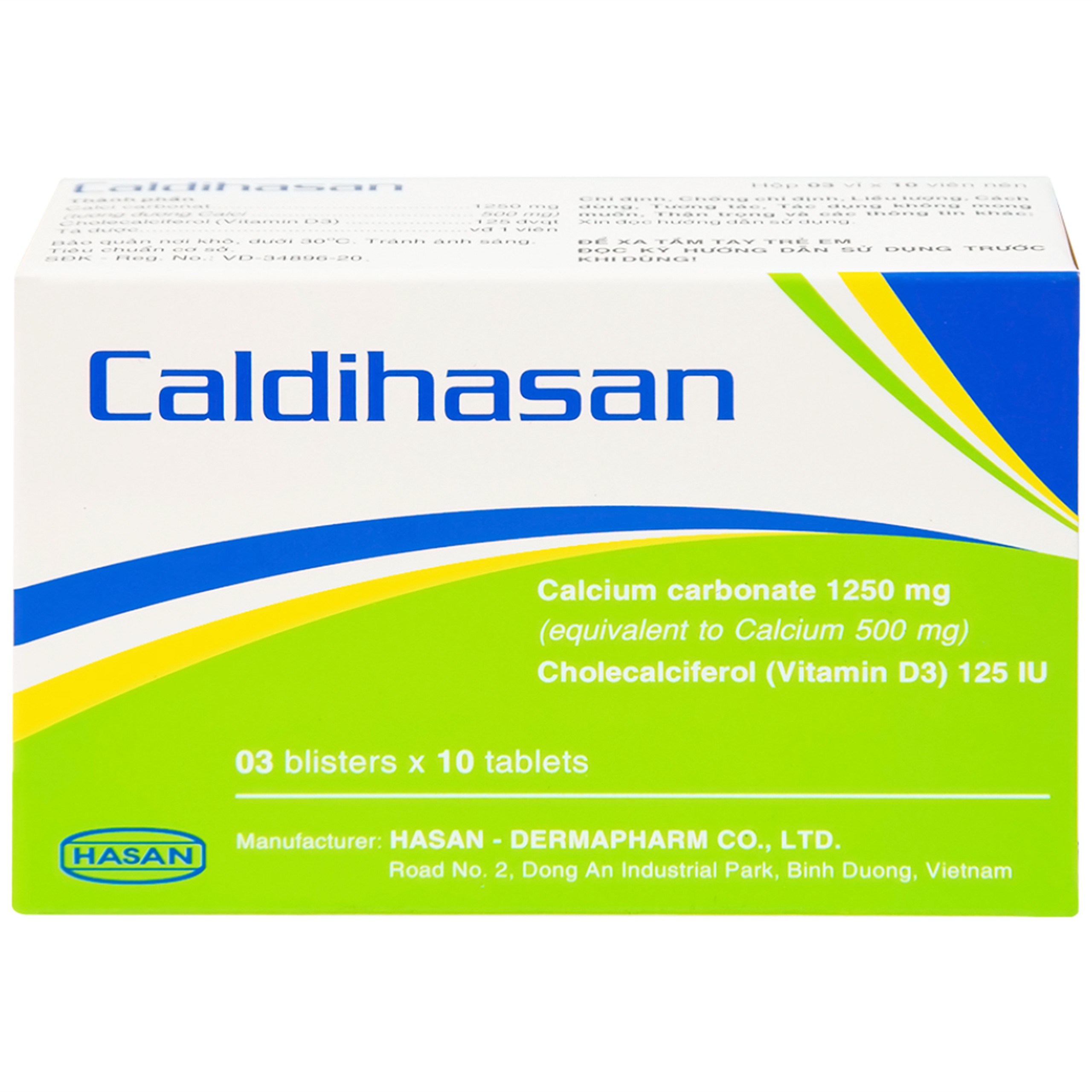 Thuốc Caldihasan 1250mg/125IU Hasan phòng và điều trị thiếu hụt vitamin D, canxi (3 vỉ x 10 viên)