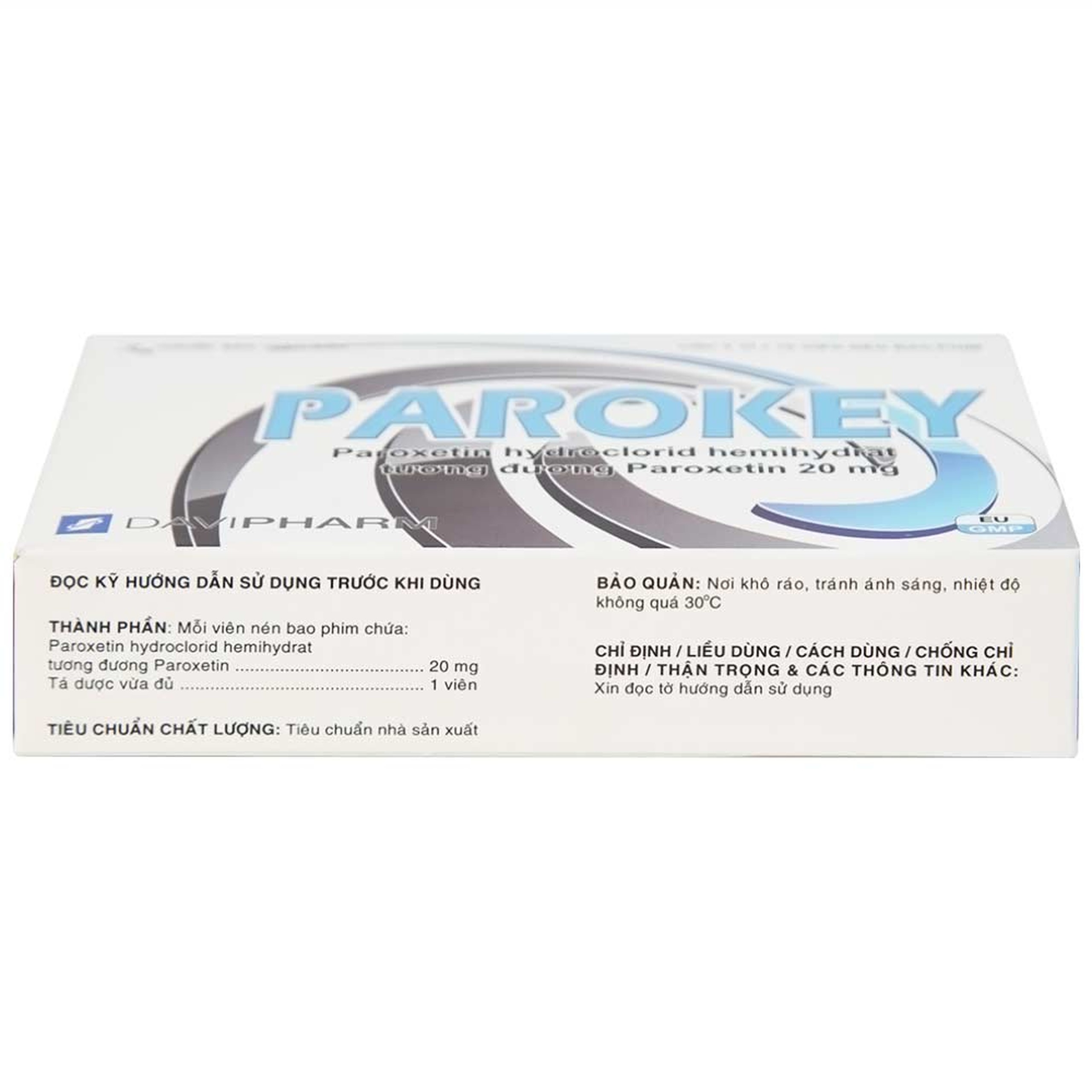 Viên nén Parokey 20mg DaViPharm điều trị trầm cảm, rối loạn ám ảnh cưỡng bức (3 vỉ x 10 viên) 