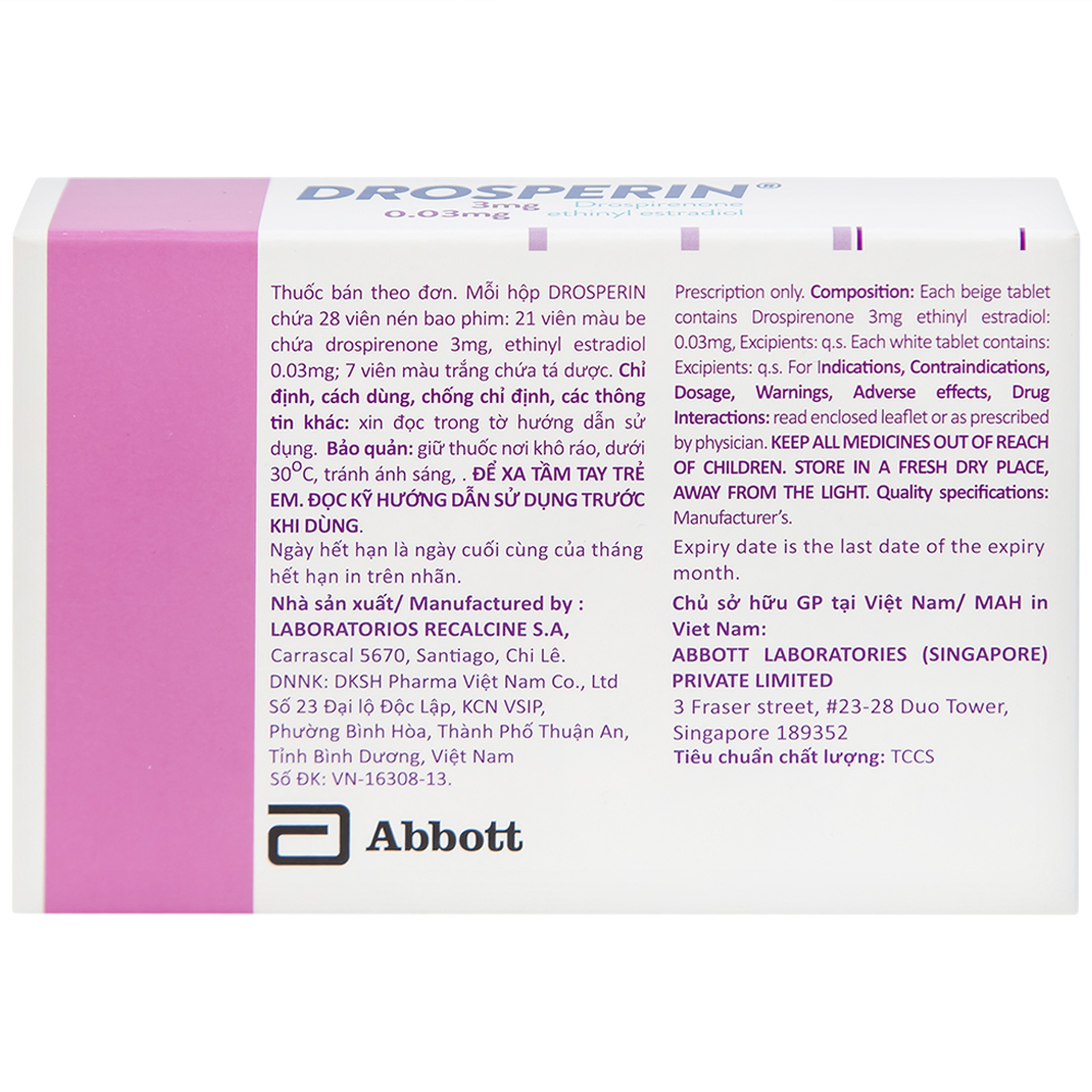 Thuốc tránh thai hằng ngày Drosperin Abbott (1 vỉ x 28 viên)