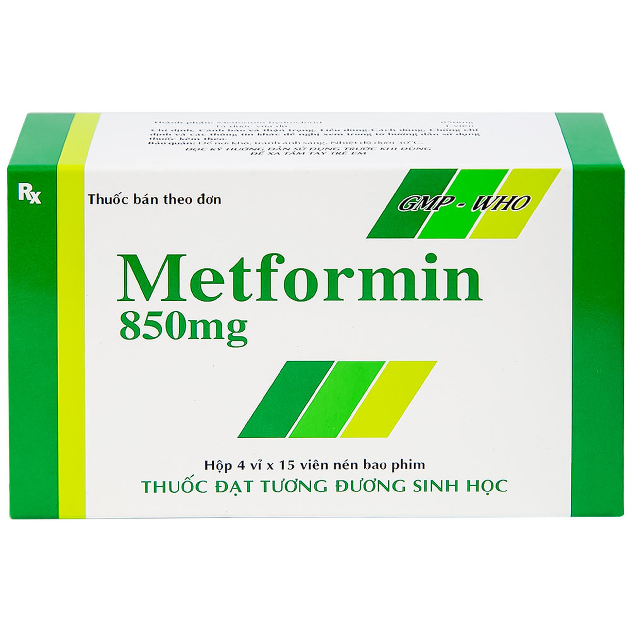 Viên nén Metformin 850mg Tipharco điều trị đái tháo đường không phụ thuộc insulin típ 2 (4 vỉ x 15 viên) 
