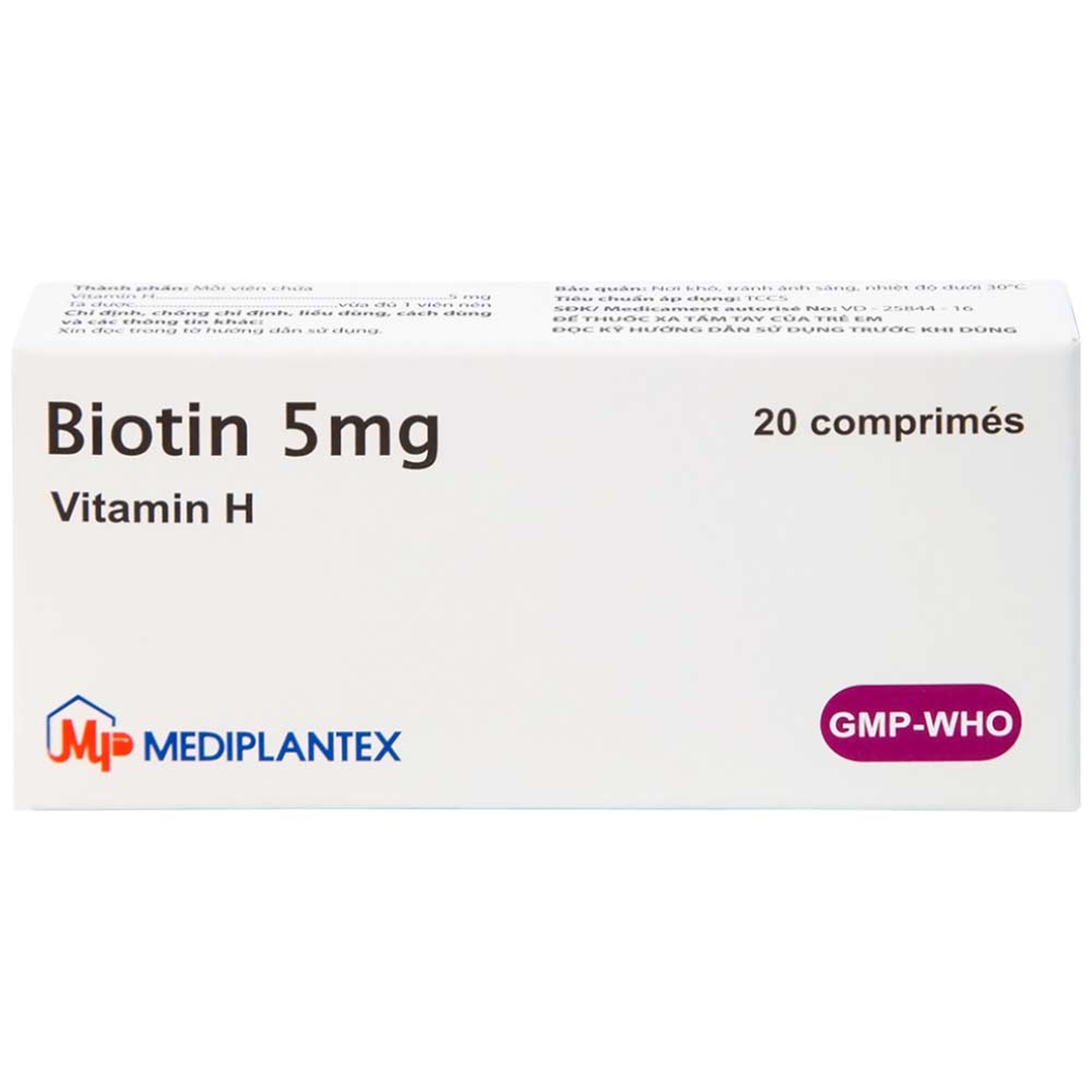 Thuốc Biotin 5mg Mediplantex điều trị thiếu hụt biotin (2 vỉ x 10 viên)