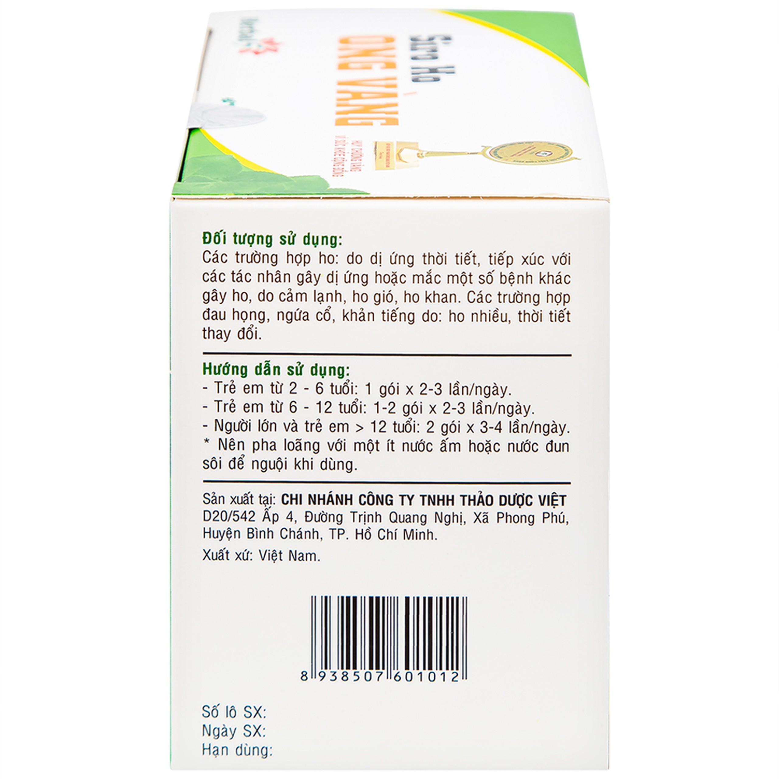 Siro ho Ong Vàng Thảo Dược Việt hỗ trợ làm ấm và sạch họng, giảm ho (30 gói x 5ml)