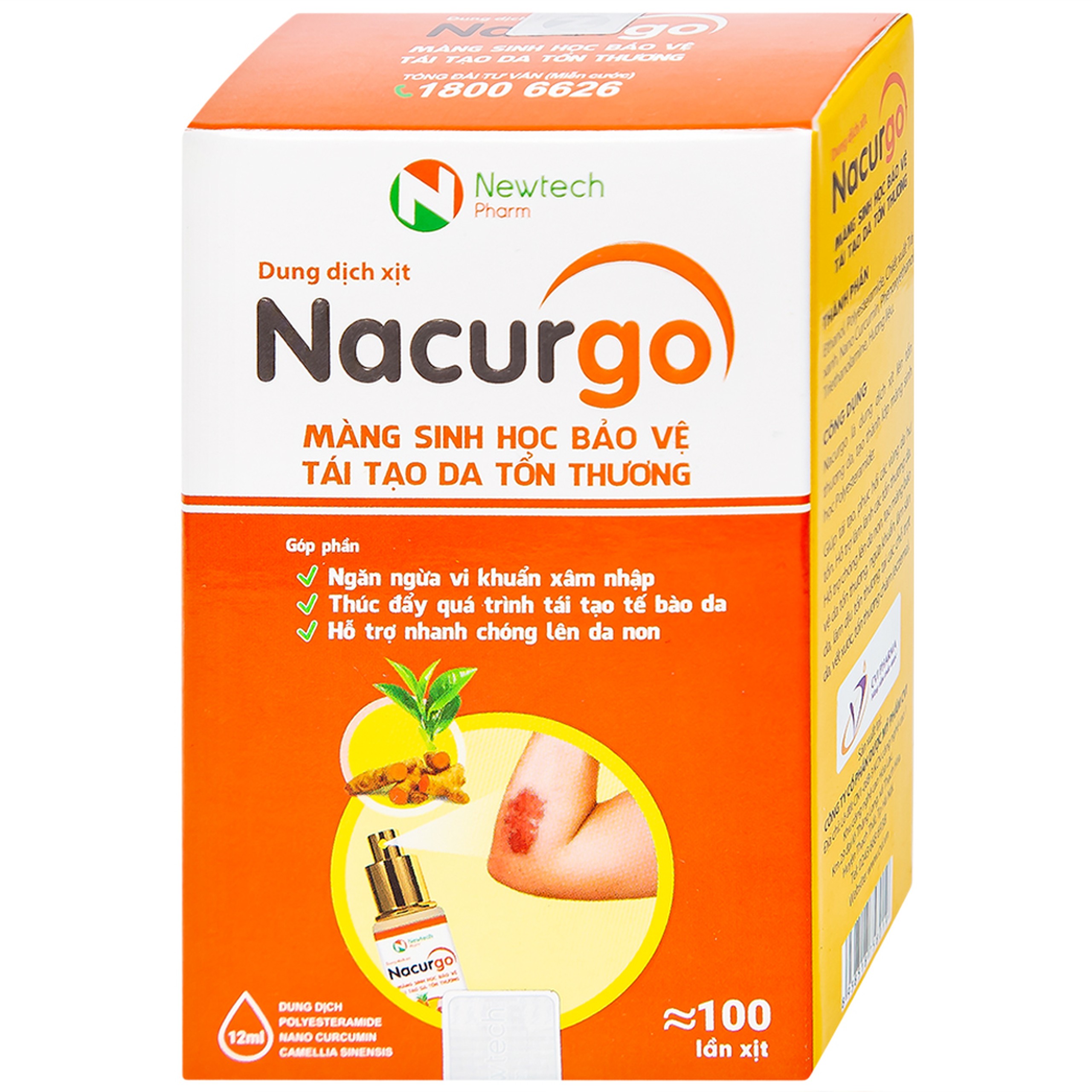 Dung dịch xịt tạo màng sinh học Nacurgo Newtech bảo vệ da tổn thương 12ml
