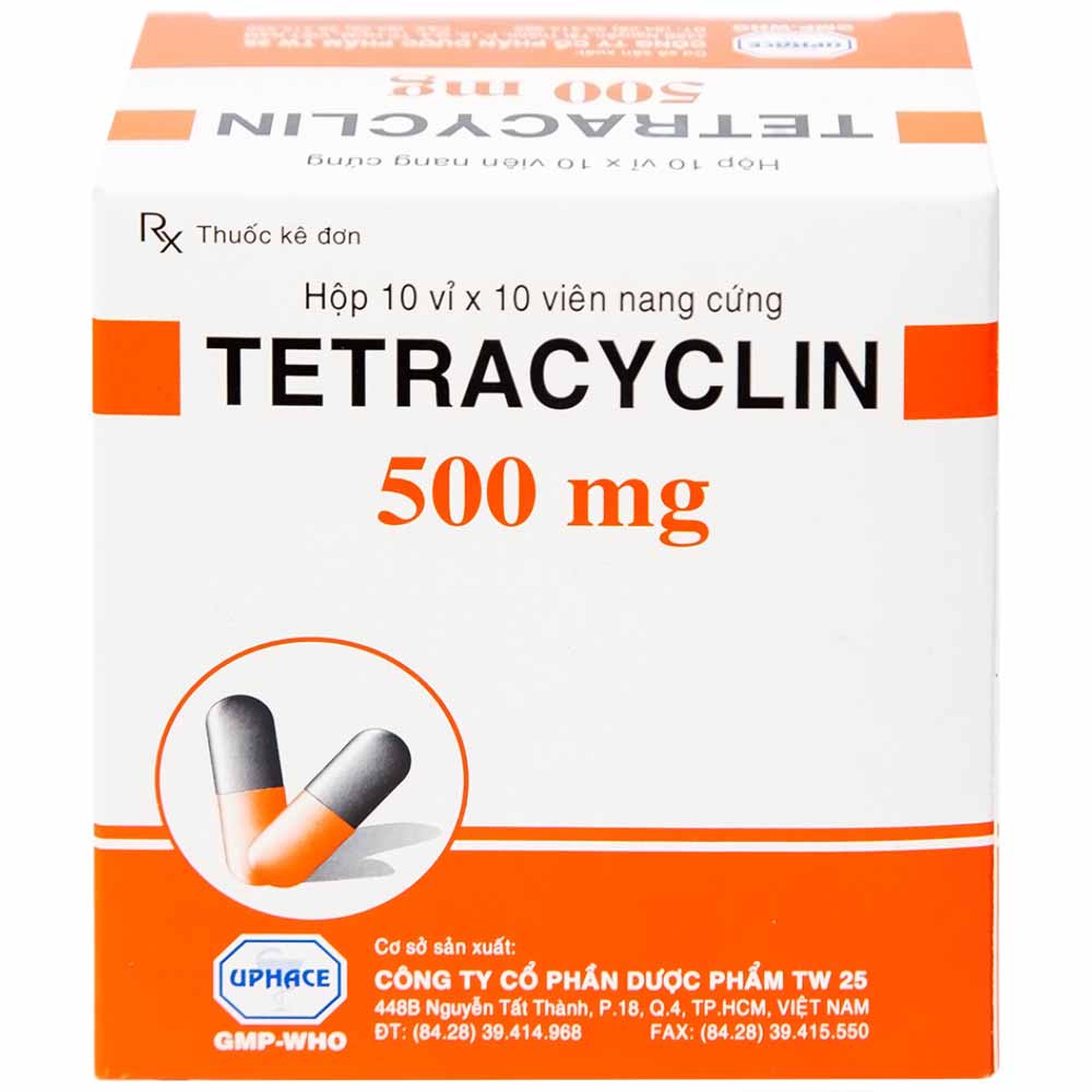 Thuốc  Tetracyclin 500mg Uphace điều trị nhiễm khuẩn đường hô hấp (10 vỉ x 10 viên)