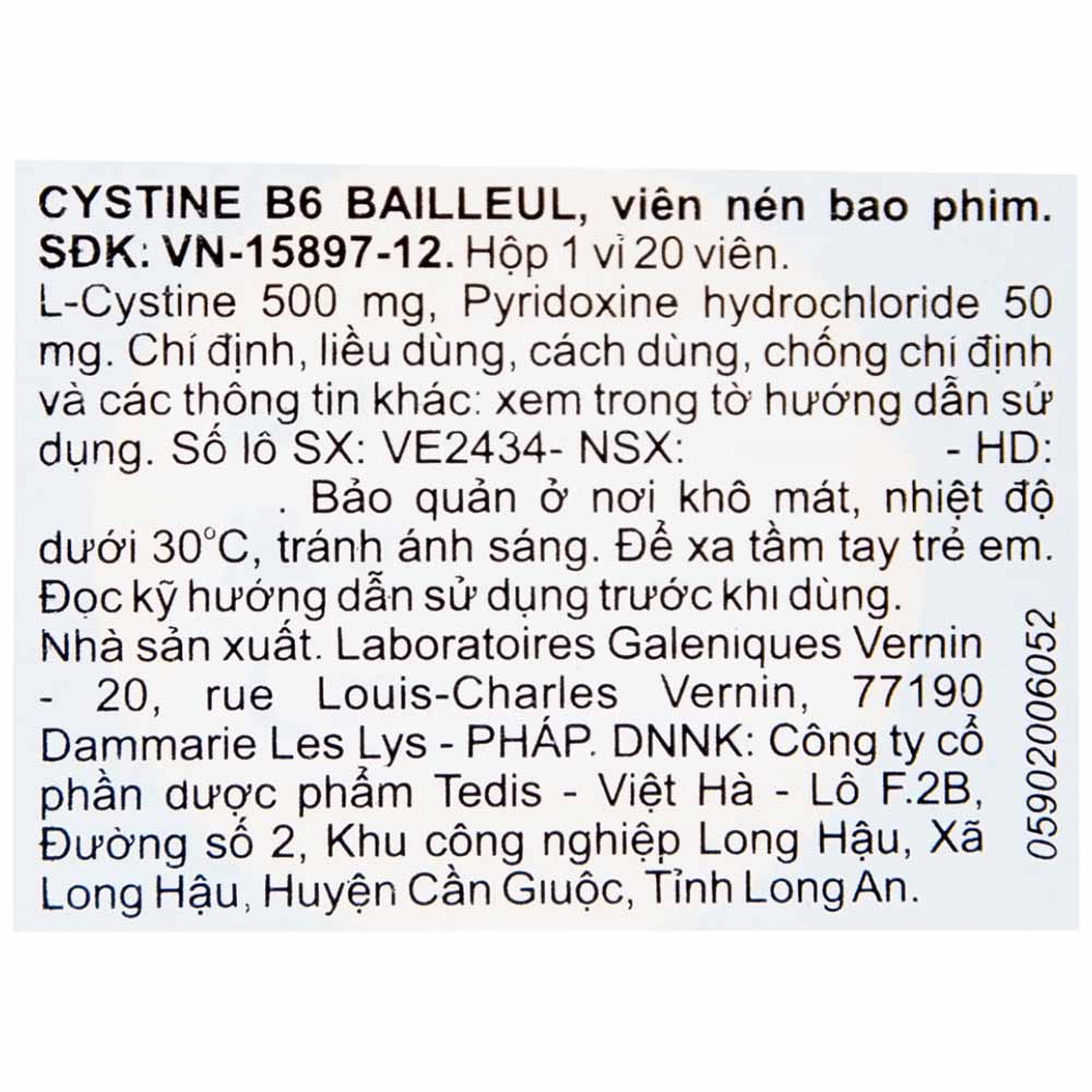 Thuốc Cystine B6 500mg Galeniques Vernin điều trị các bệnh lý liên quan đến tóc và loạn dưỡng móng (20 viên)