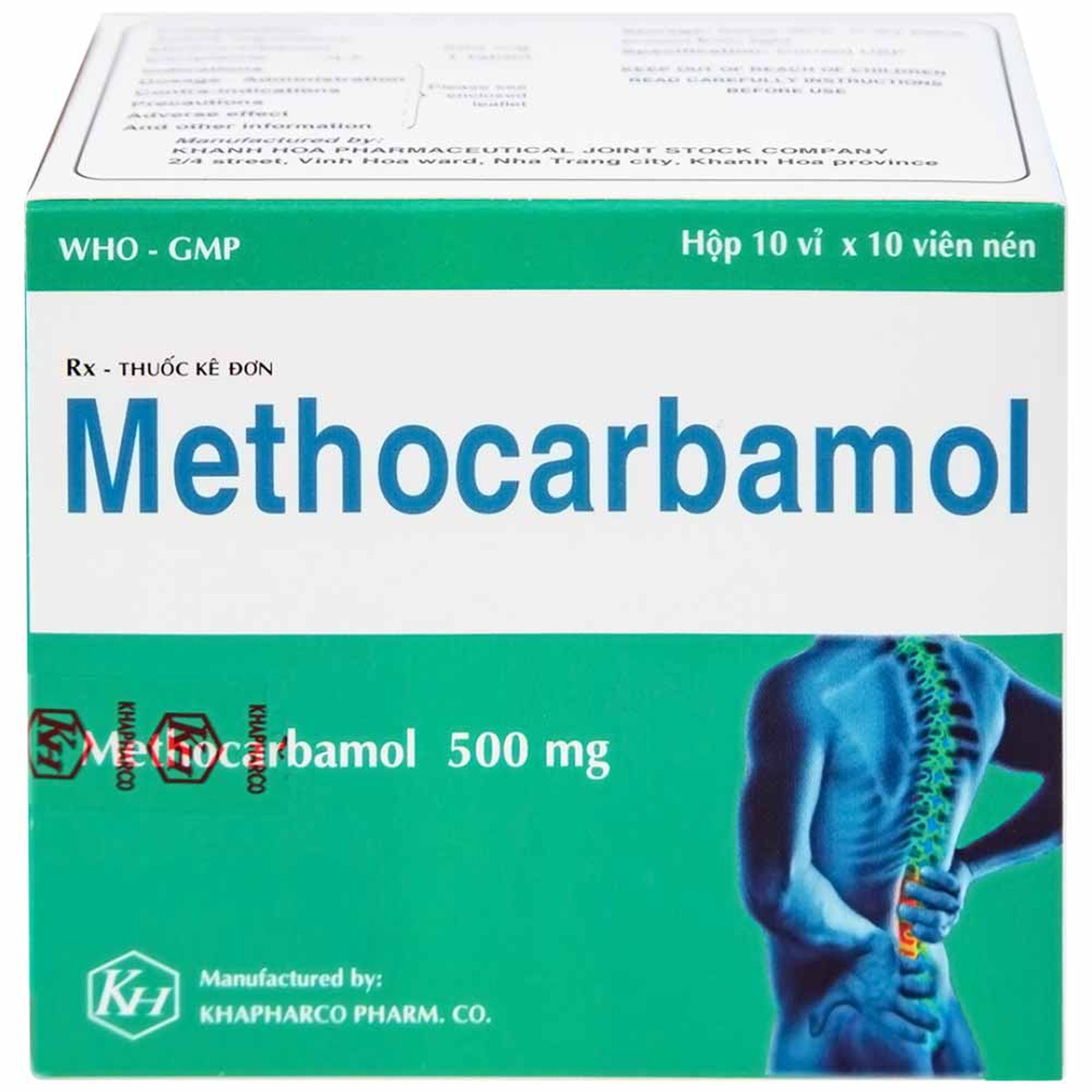 Viên nén Methocarbamol 500mg Khapharco điều trị ngắn hạn cơn đau, co thắt cơ, bong gân (10 vỉ x 10 viên)