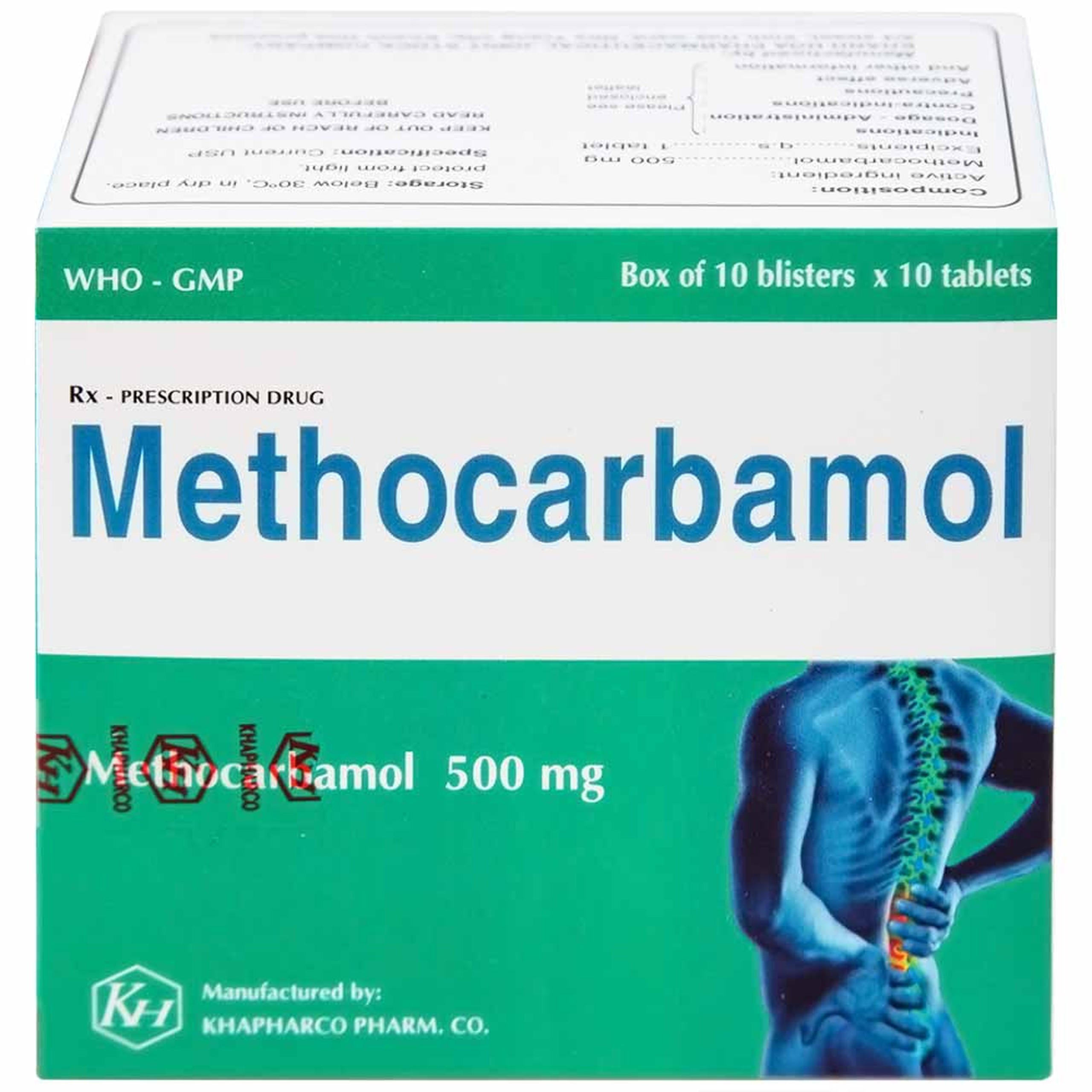 Viên nén Methocarbamol 500mg Khapharco điều trị ngắn hạn cơn đau, co thắt cơ, bong gân (10 vỉ x 10 viên)