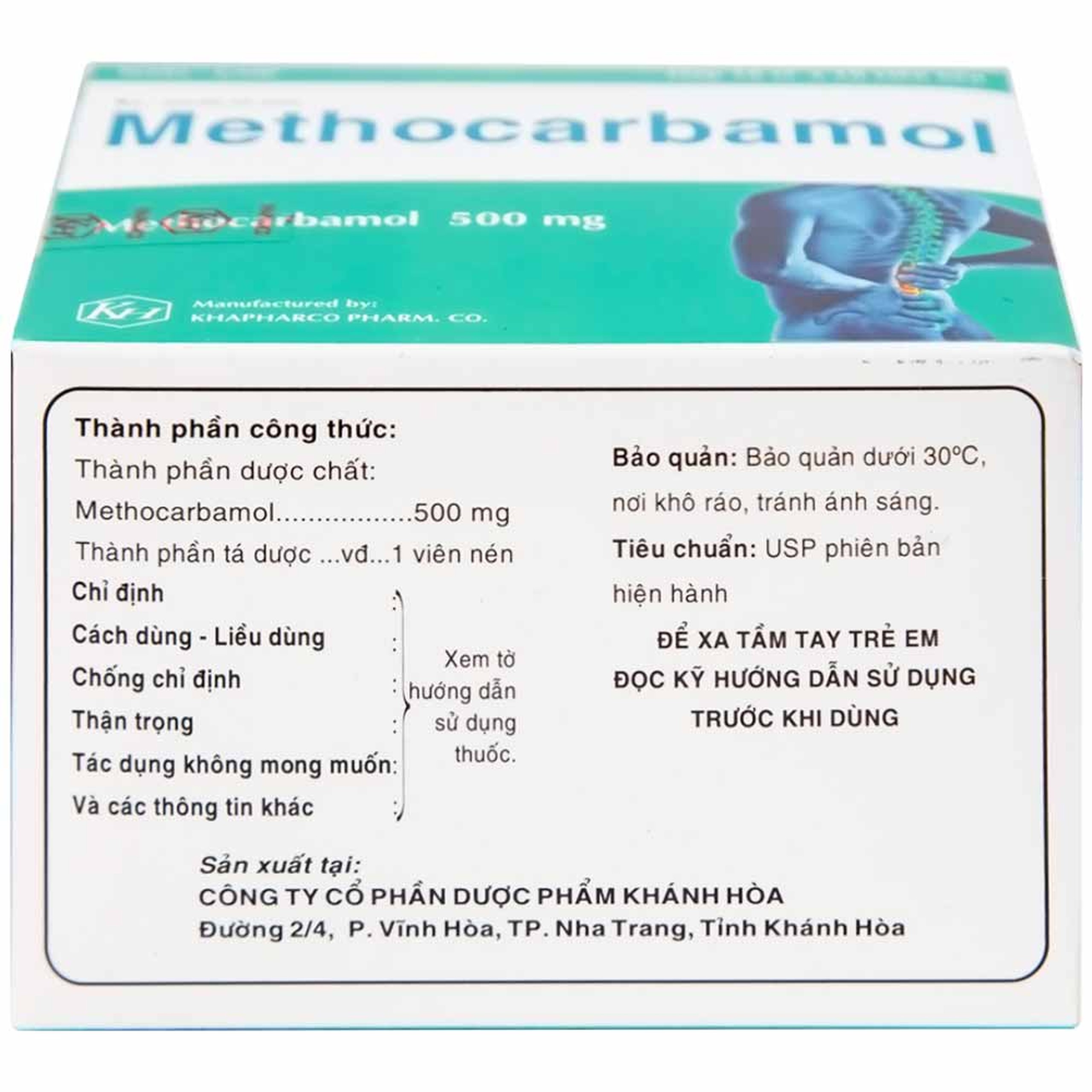 Viên nén Methocarbamol 500mg Khapharco điều trị ngắn hạn cơn đau, co thắt cơ, bong gân (10 vỉ x 10 viên)