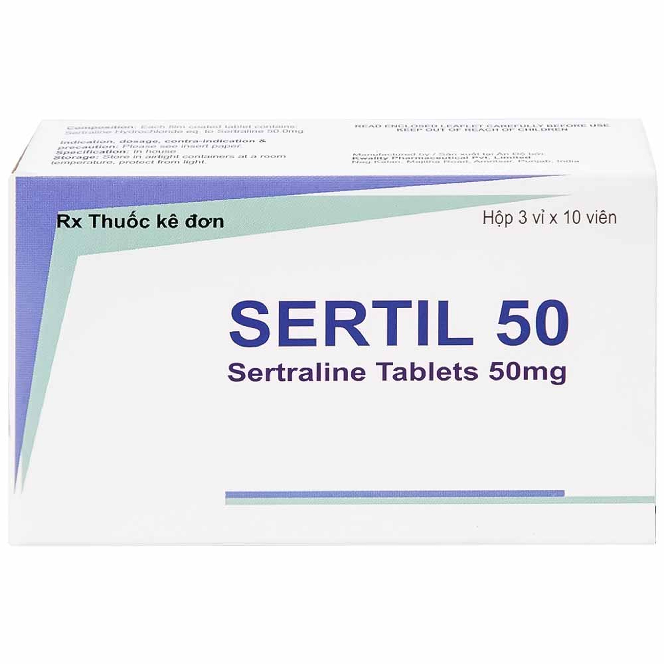 Thuốc Sertil 50 Kwality Pharmaceutical điều trị bệnh trầm cảm, hội chứng hoảng sợ (3 vỉ x 10 viên)