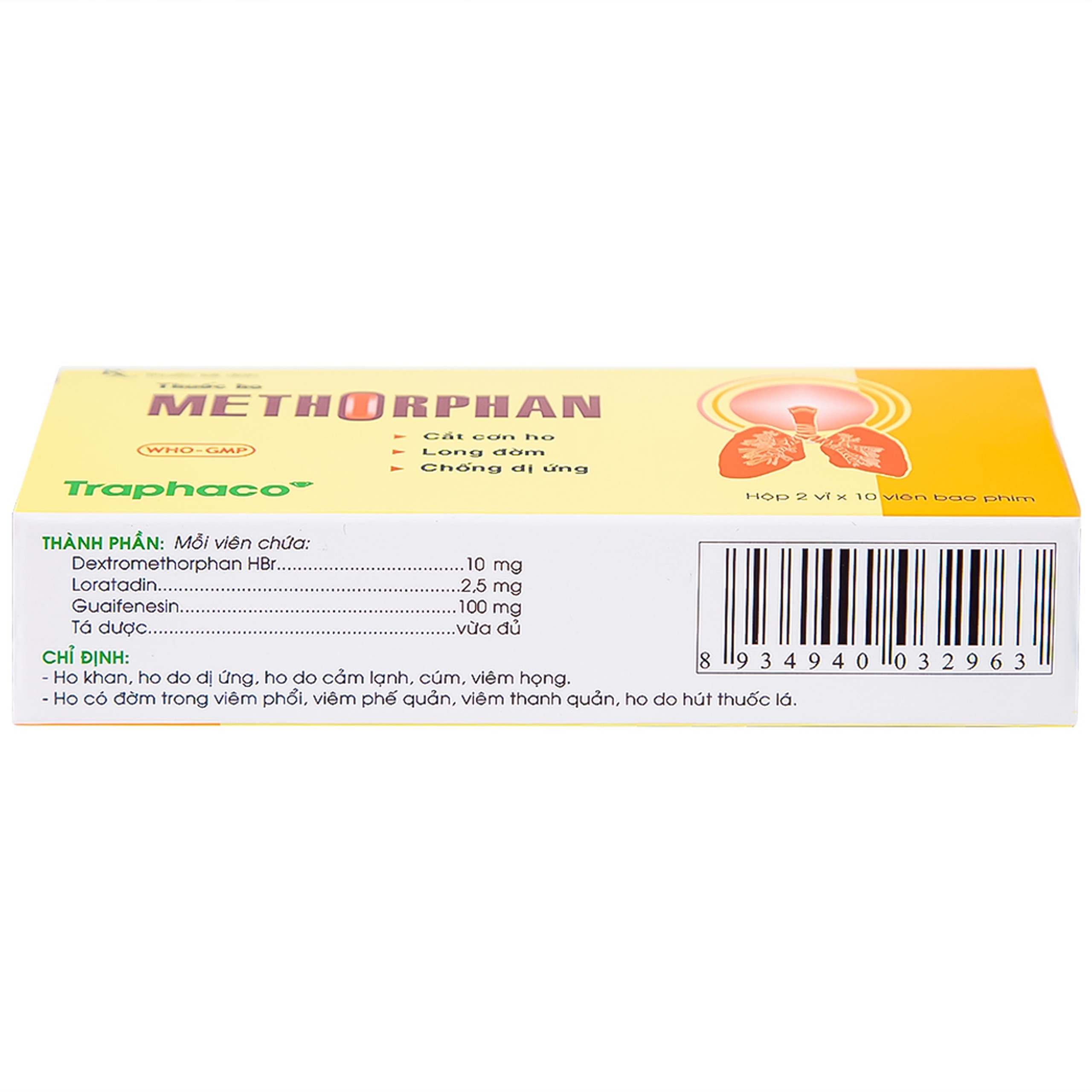 Thuốc ho Methorphan Traphaco cắt cơn ho, điều trị long đờm, chống dị ứng (2 vỉ x 10 viên)