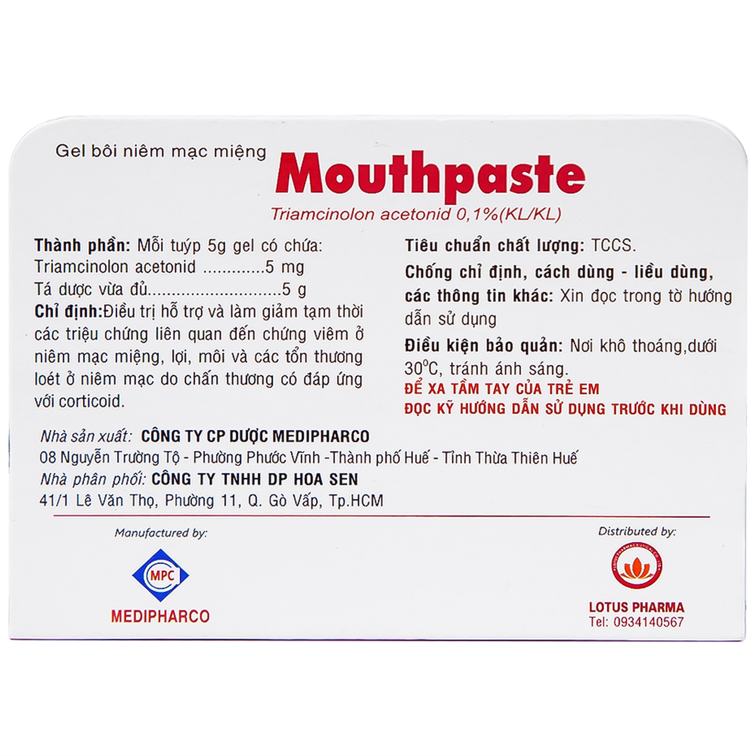 Gel bôi niêm mạc miệng Mouthpaste Medipharco giảm viêm, tổn thương (5g)