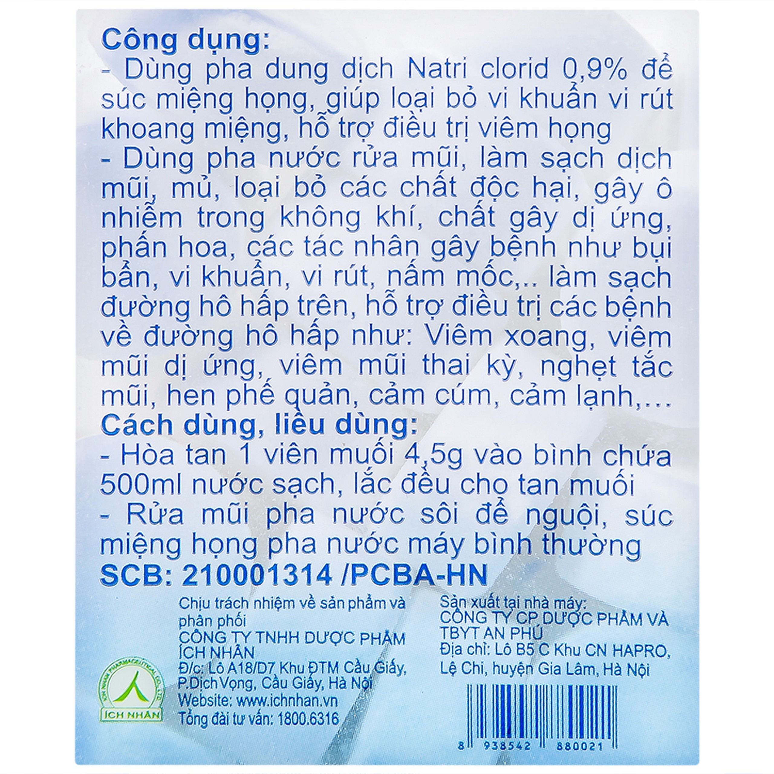Muối y tế Ích Nhân (50 viên x 4.5g) dùng pha nước súc miệng, họng, rửa mũi