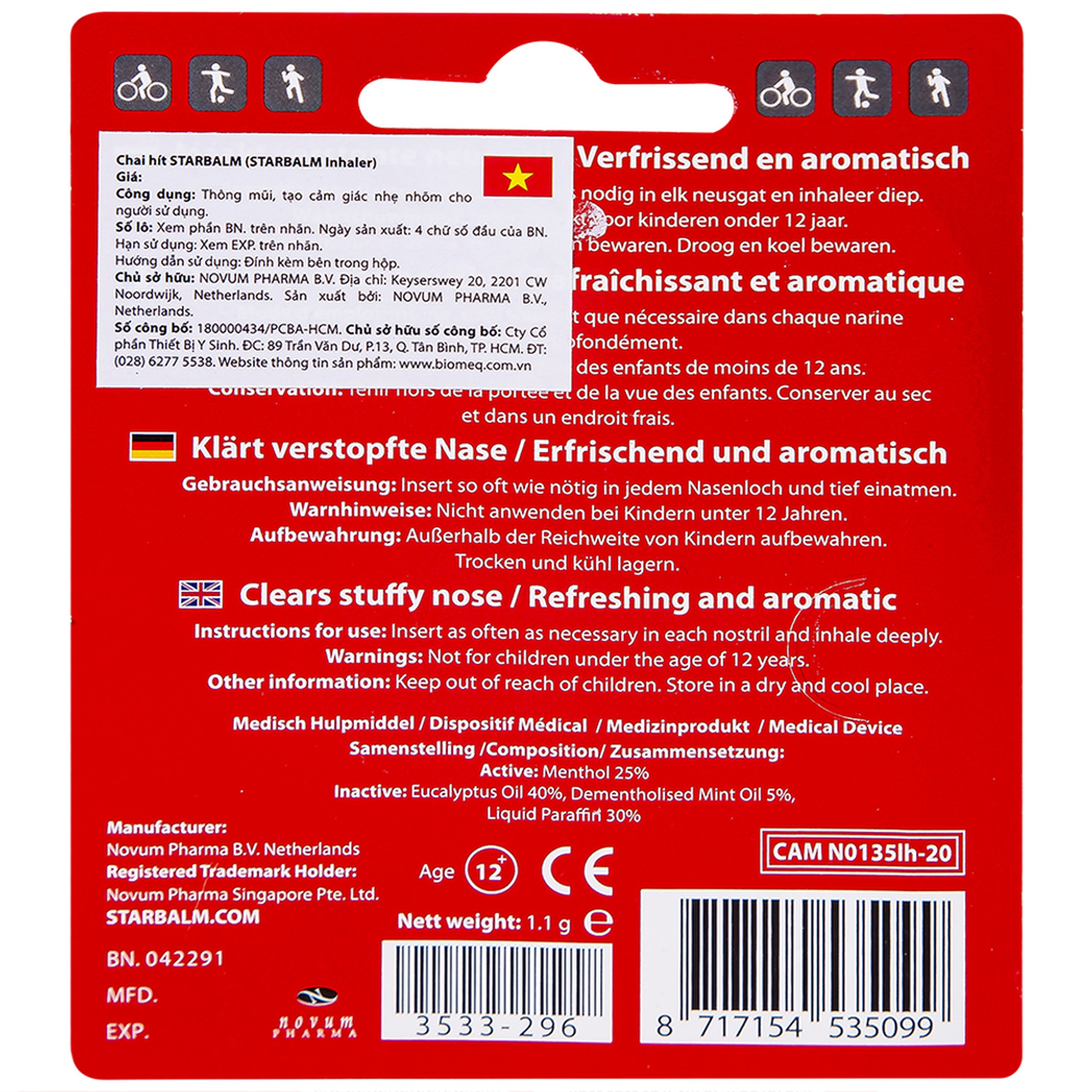 Ống hít Starbalm sports inhaler 1.1g giúp thông mũi, giảm nghẹt mũi