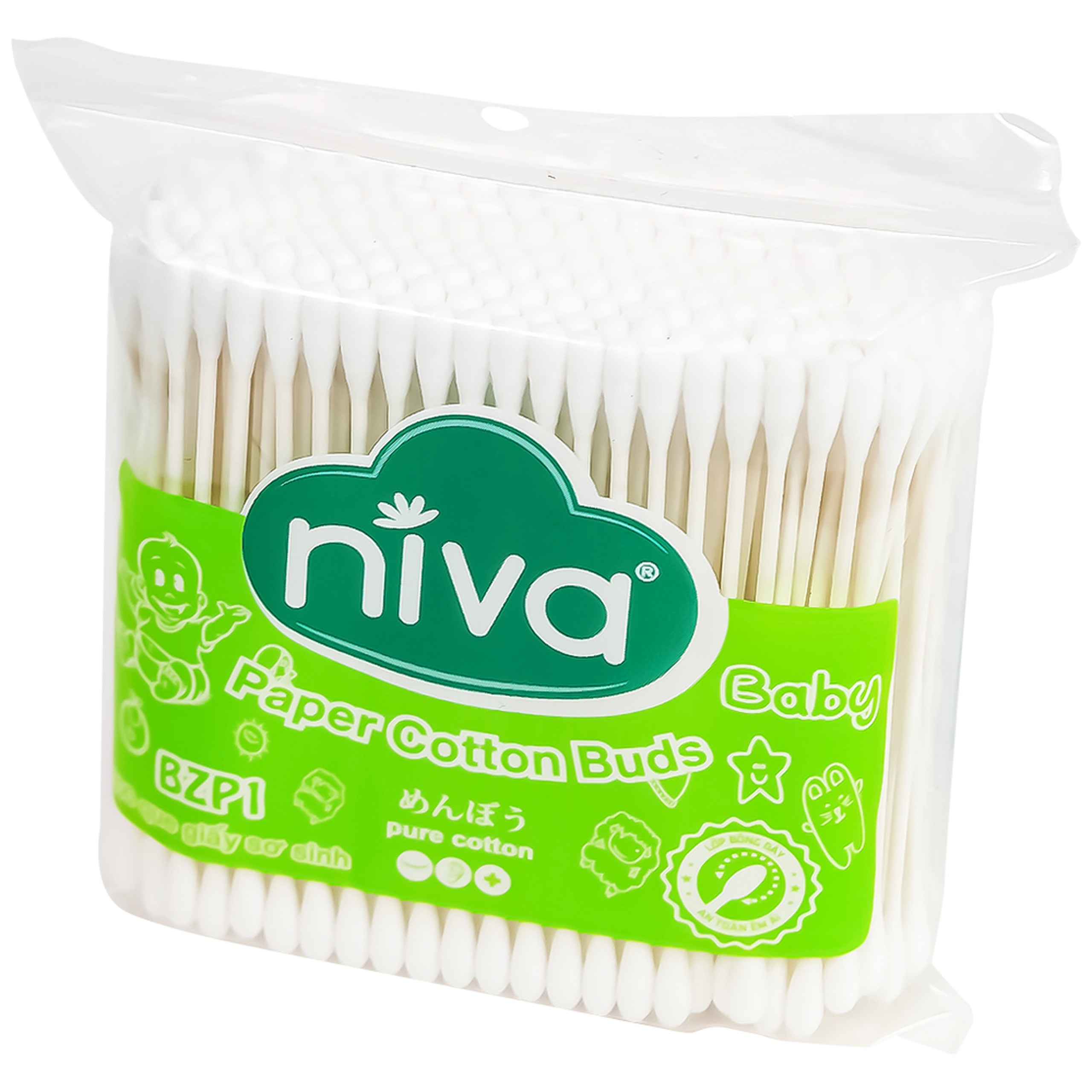 Tăm bông thân giấy Niva Baby BZP1 2 đầu tròn túi Zip vệ sinh tai, mũi, vệ sinh cá nhân cho trẻ em (200 que)